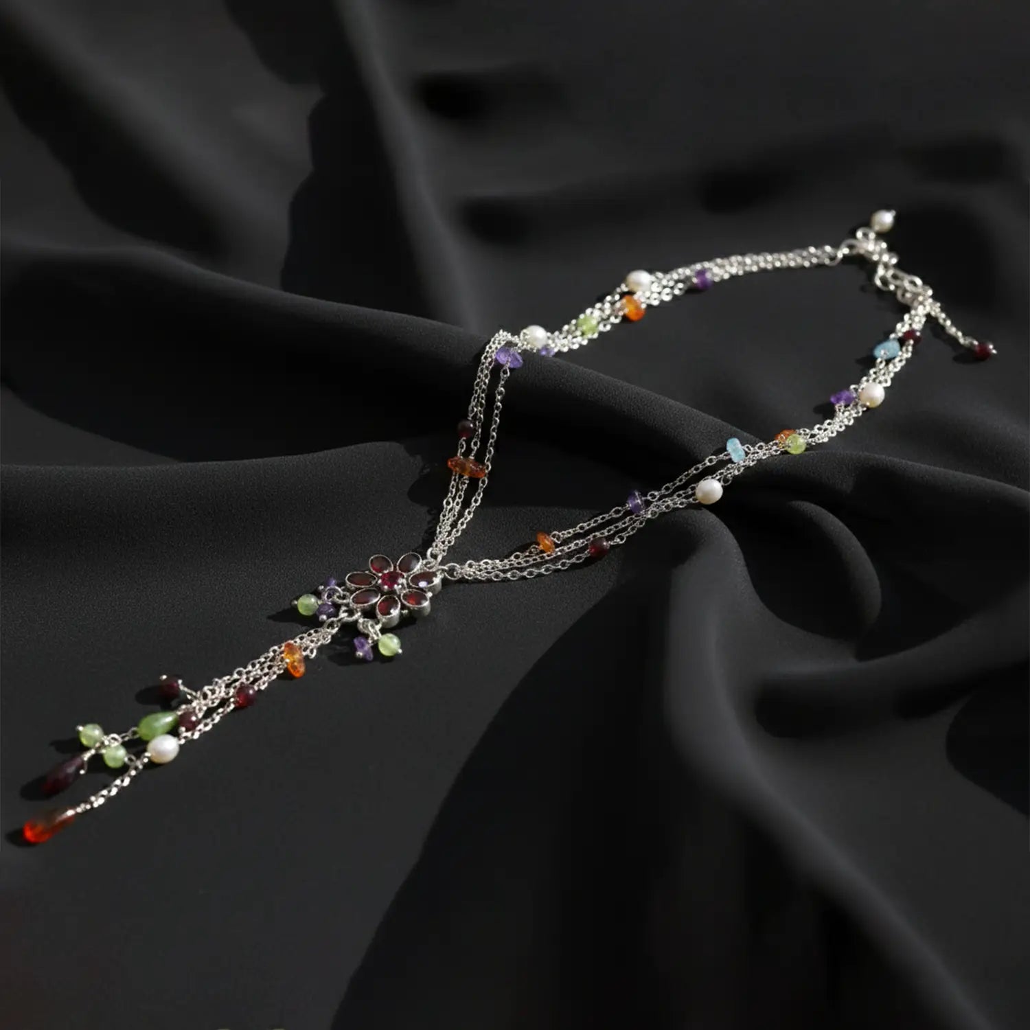 Multicolor Gemstone Floral Pure Silver Necklace- Made With Pure 925 Silver