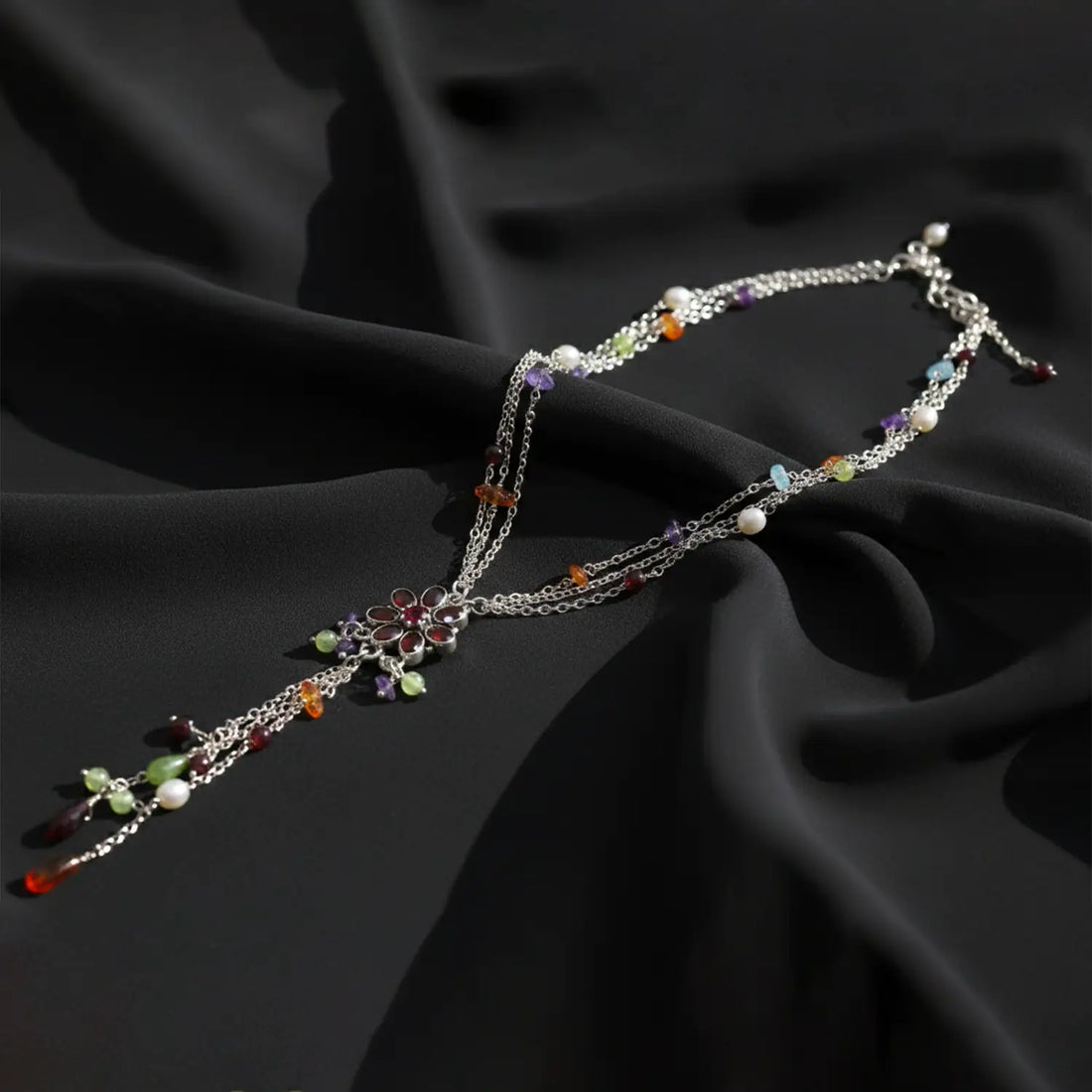 Multicolor Gemstone Floral Pure Silver Necklace- Made With Pure 925 Silver