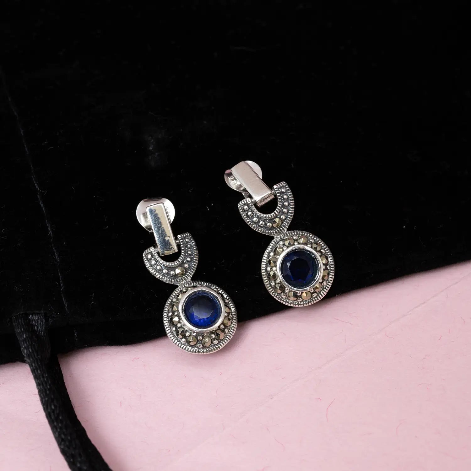 Midnight Blue Oxidized Silver Drop Earrings - Made With Pure 925 Silver