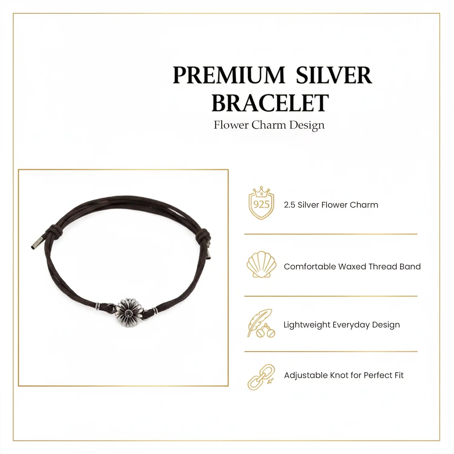 Sunflower Charm Silver Bracelet on Black Cord- Made With Pure 925 Silver