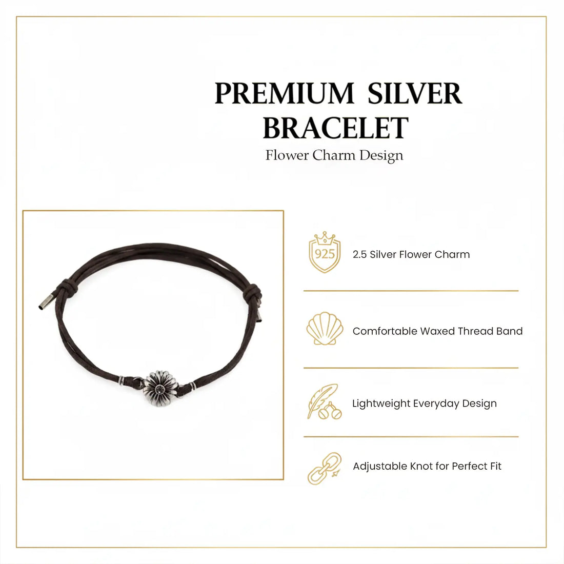 Sunflower Charm Silver Bracelet on Black Cord- Made With Pure 925 Silver