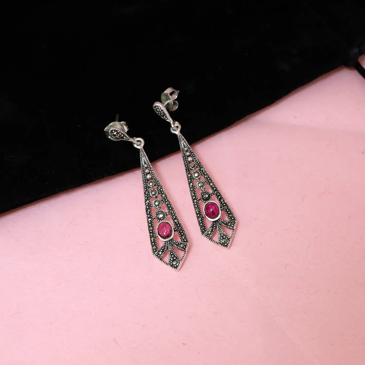 Ruby Glow Oxidized Silver Long Drop Earrings- Made With Pure 925 Silver