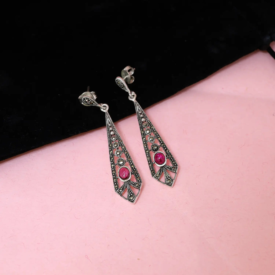 Ruby Glow Oxidized Silver Long Drop Earrings- Made With Pure 925 Silver