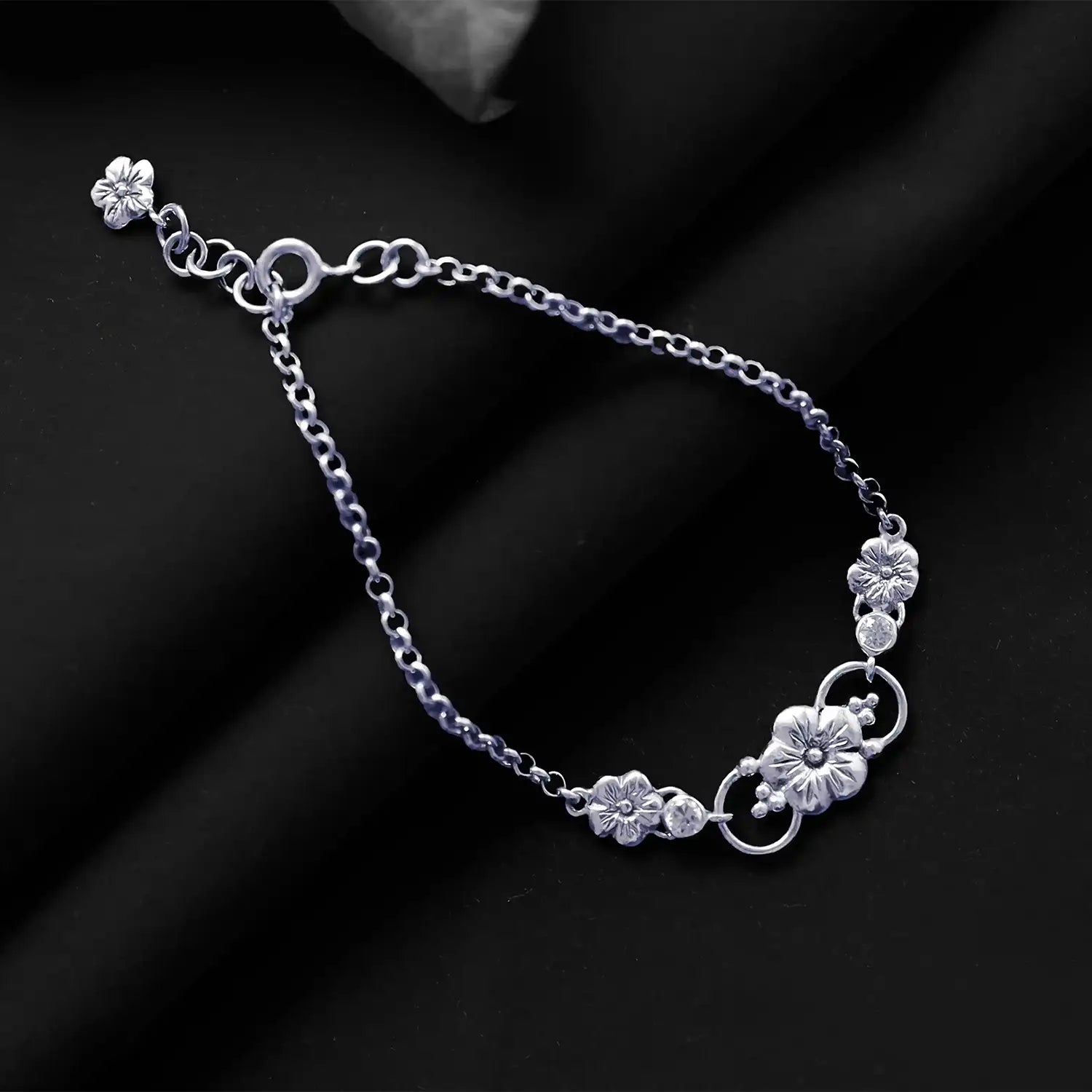Floral Charm Sterling Silver Bracelet- Made With Pure 925 Silver