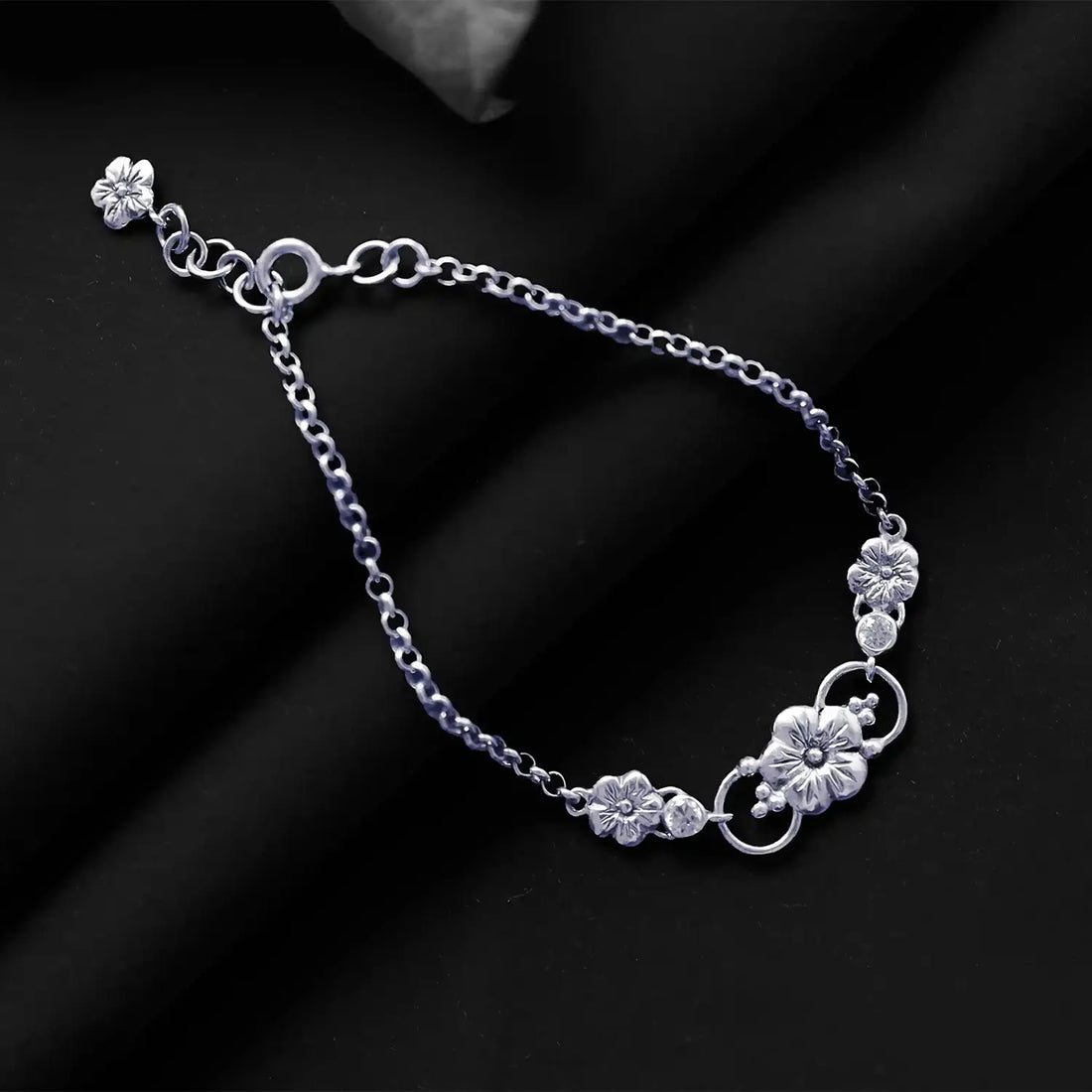 Floral Charm Sterling Silver Bracelet- Made With Pure 925 Silver