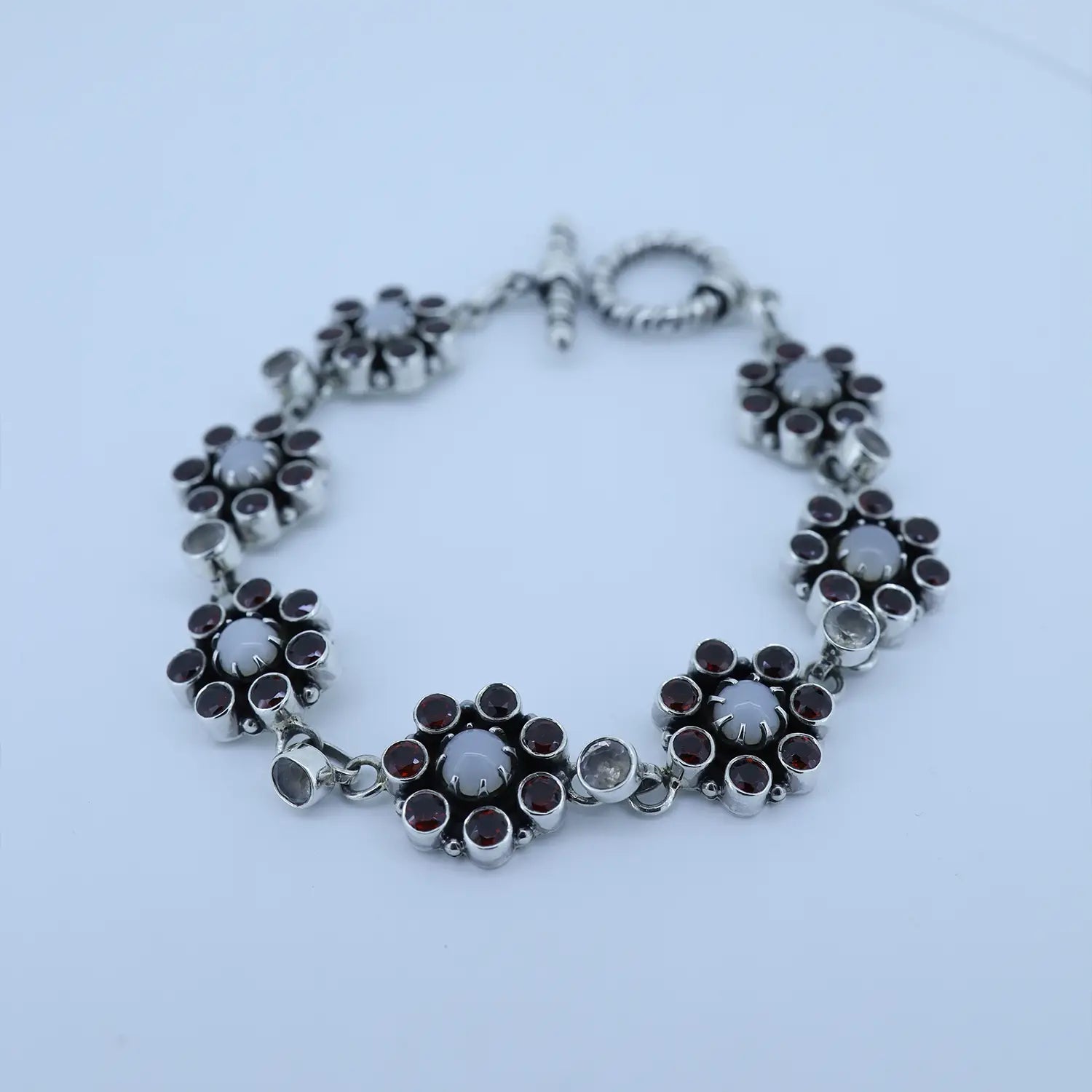 Floral Garnet & Moonstone Silver Pearl  Bracelet - Made With 925 Pure Silver