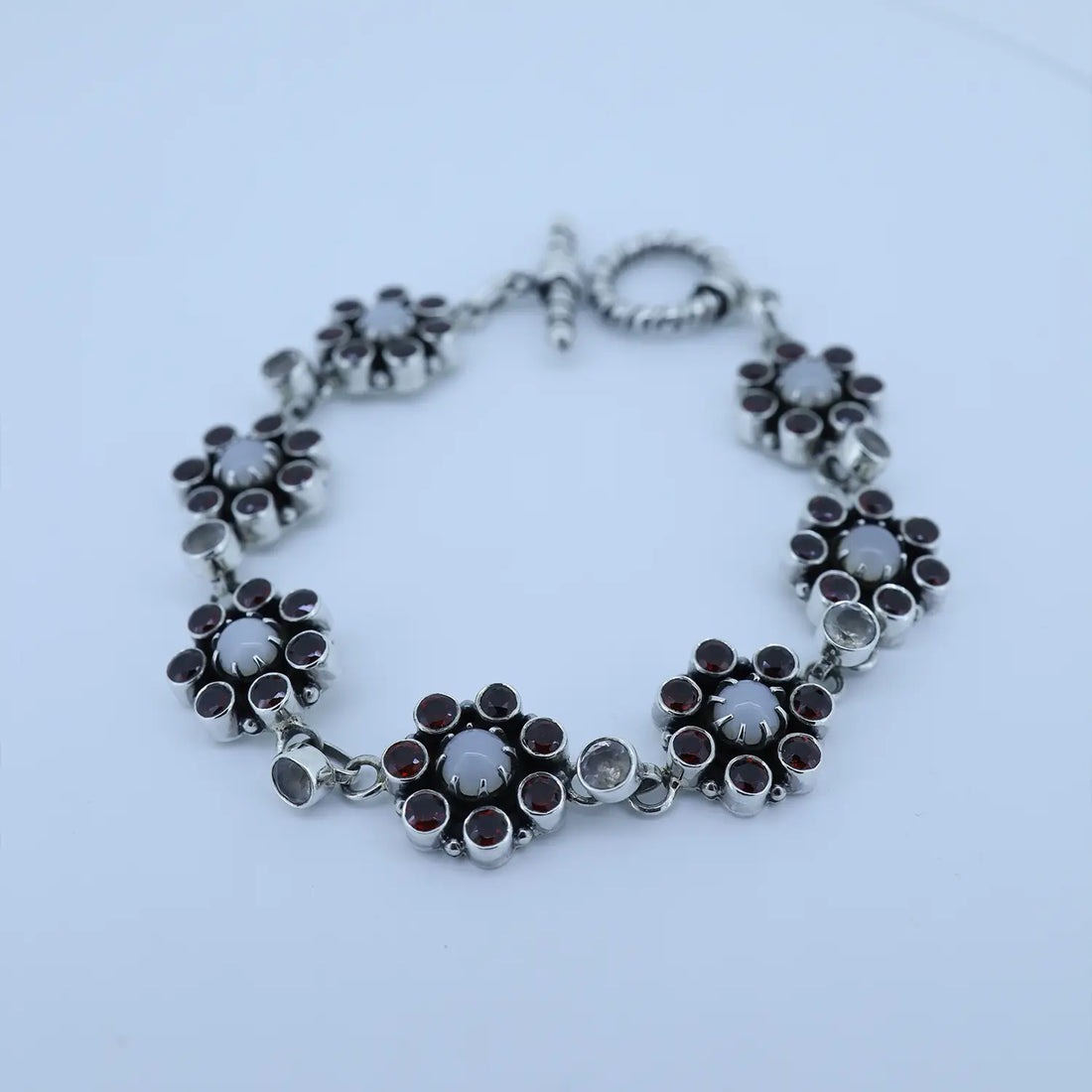 Floral Garnet & Moonstone Silver Pearl  Bracelet - Made With 925 Pure Silver