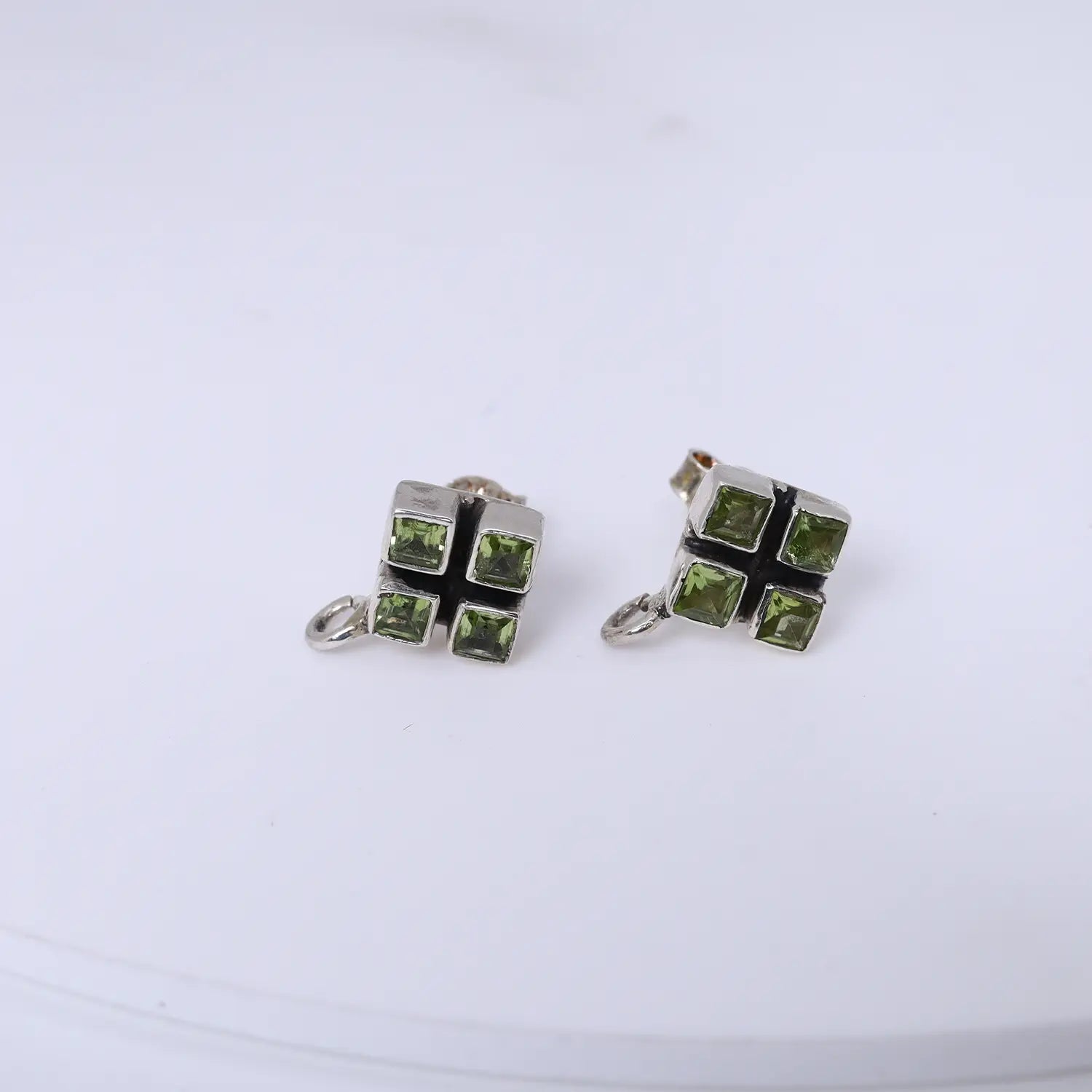 Green Stone Square Cluster Pure Silver Stud Earrings- Made With Pure 925 Silver