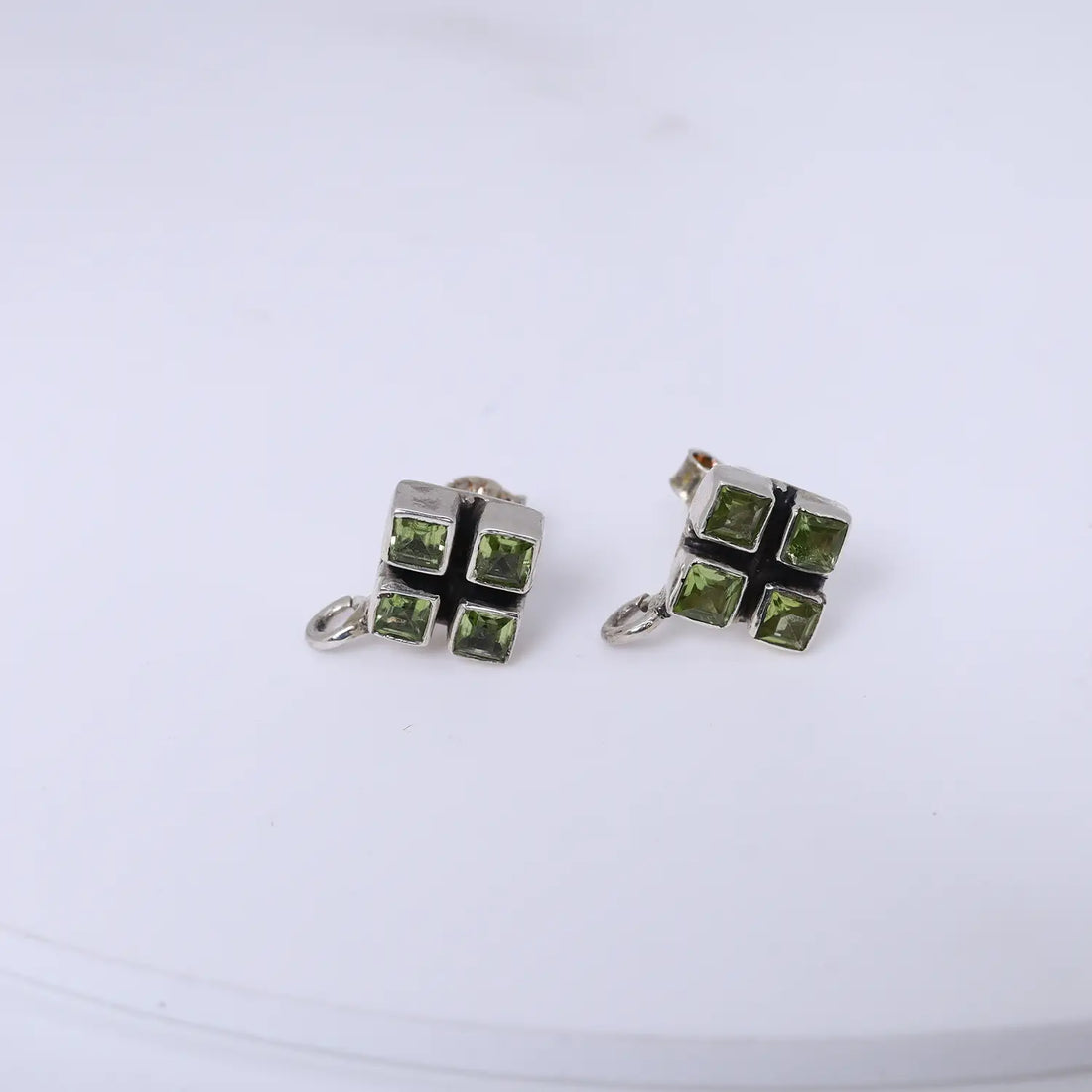 Green Stone Square Cluster Pure Silver Stud Earrings- Made With Pure 925 Silver