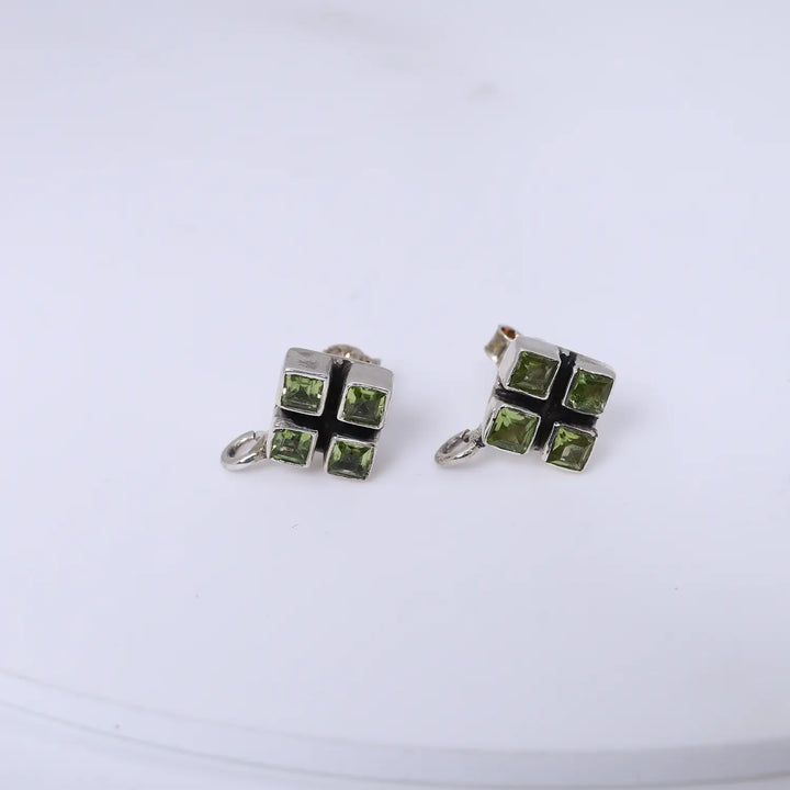 Green Stone Square Cluster Pure Silver Stud Earrings- Made With Pure 925 Silver