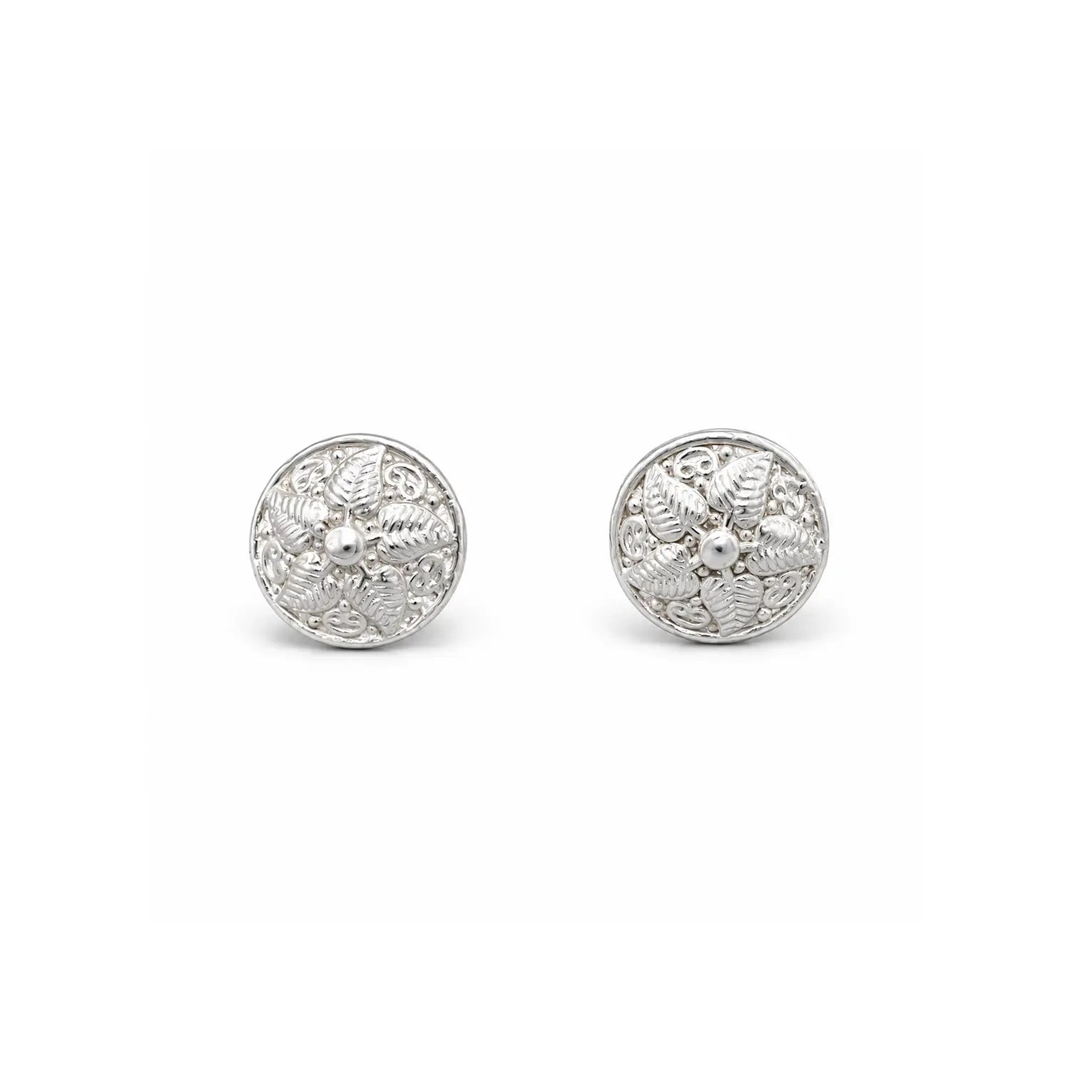 Intricate Floral Round Silver Stud Earrings - Made With Pure 925 Silver