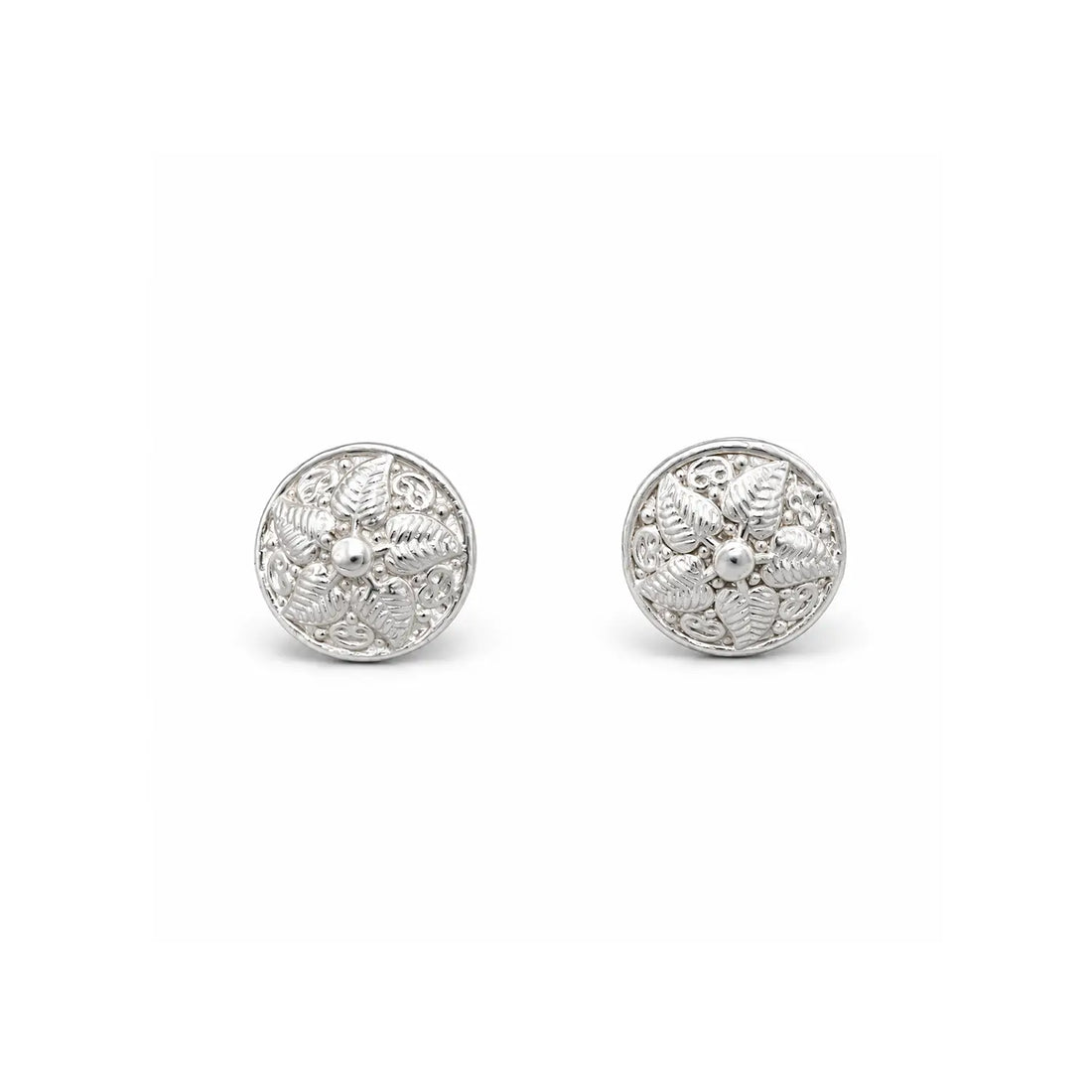 Intricate Floral Round Silver Stud Earrings - Made With Pure 925 Silver