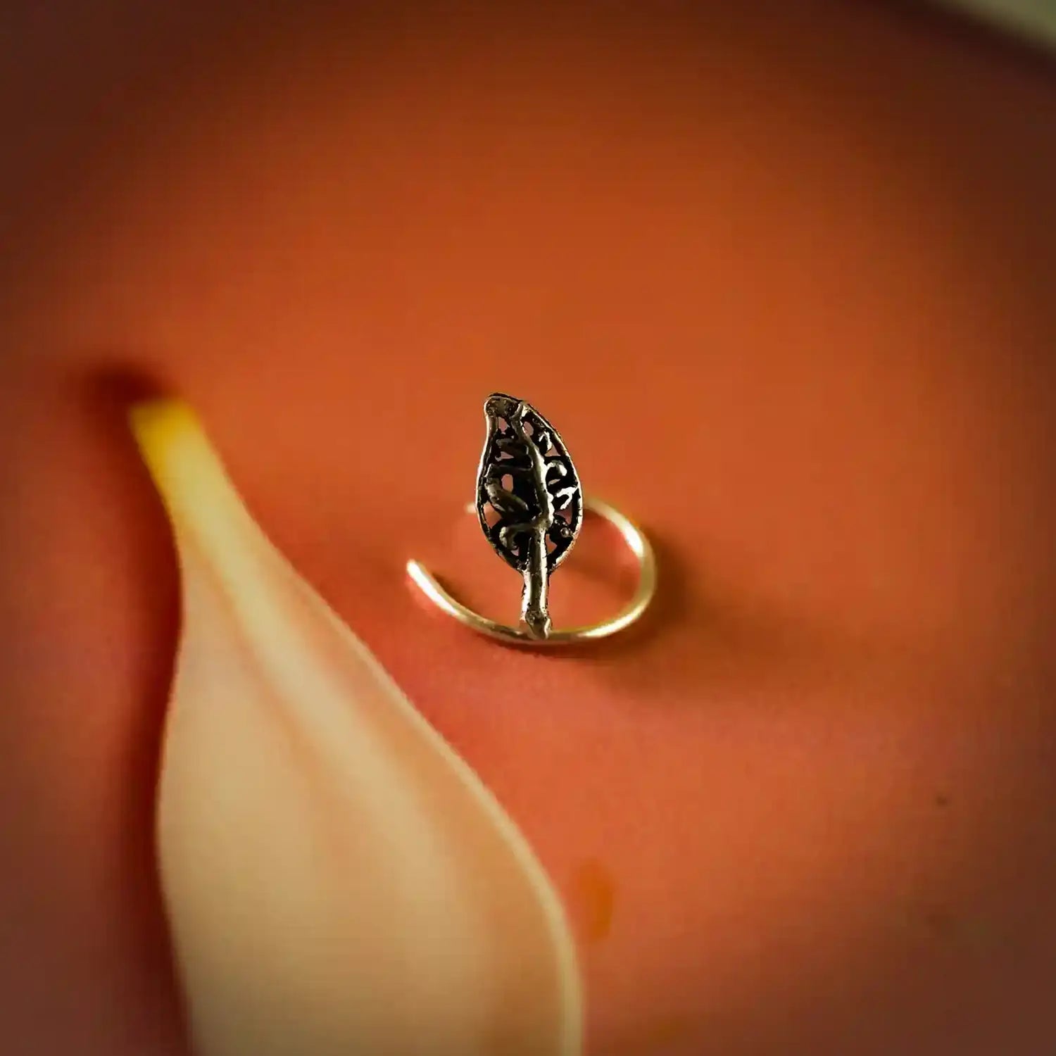 Oxidised Silver Leaf Motif Nose Pin- Made With Pure 925 Silver
