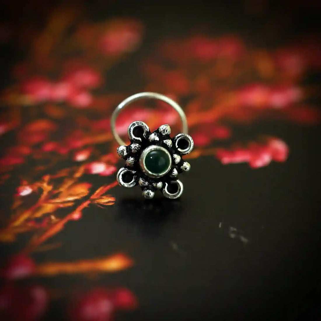 Antique Oxidised Silver Floral Nose Pin- Made With Pure 925 Silver