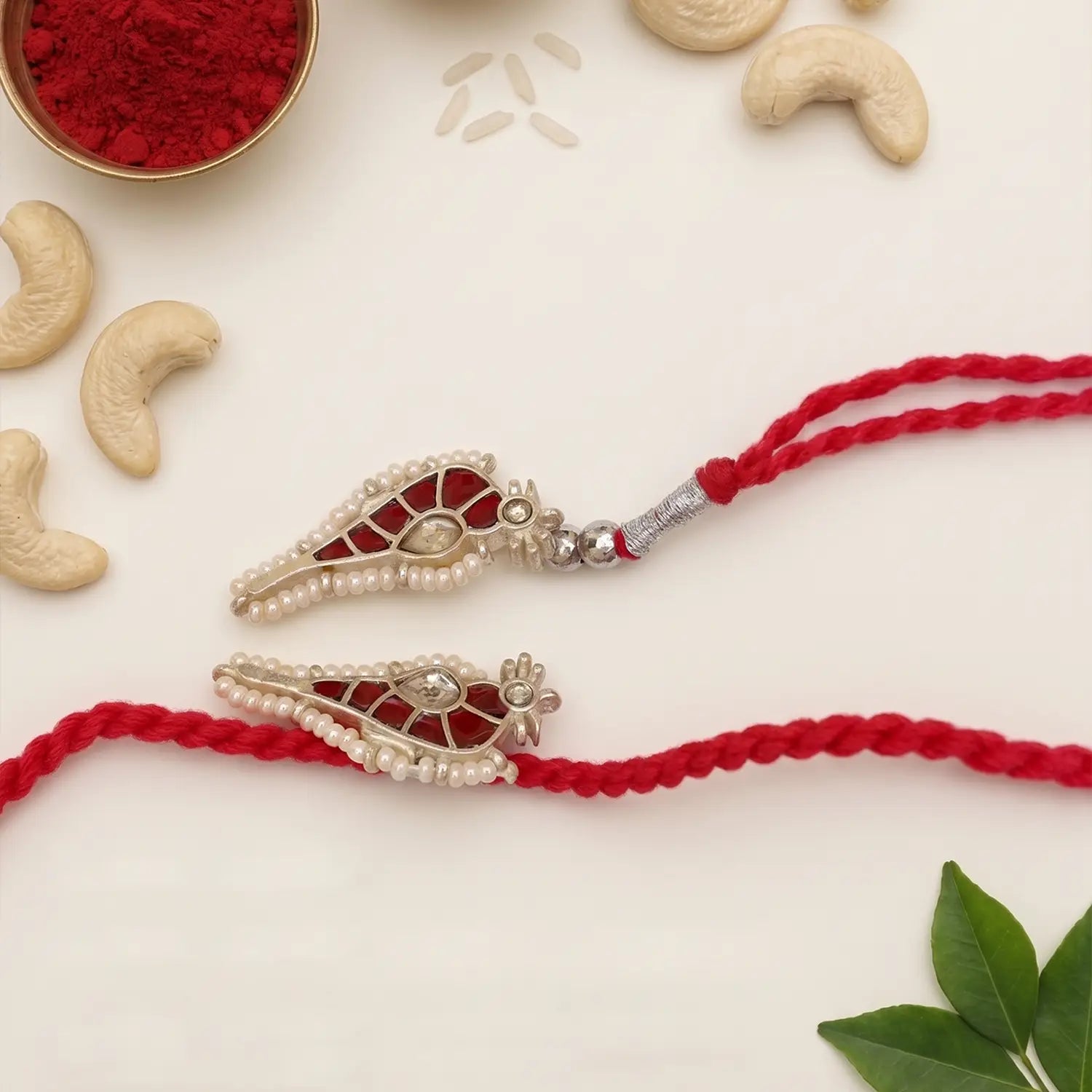 Royal Red Kundan Silver Rakhi & Lumba Set - Made With Pure 925 Silver