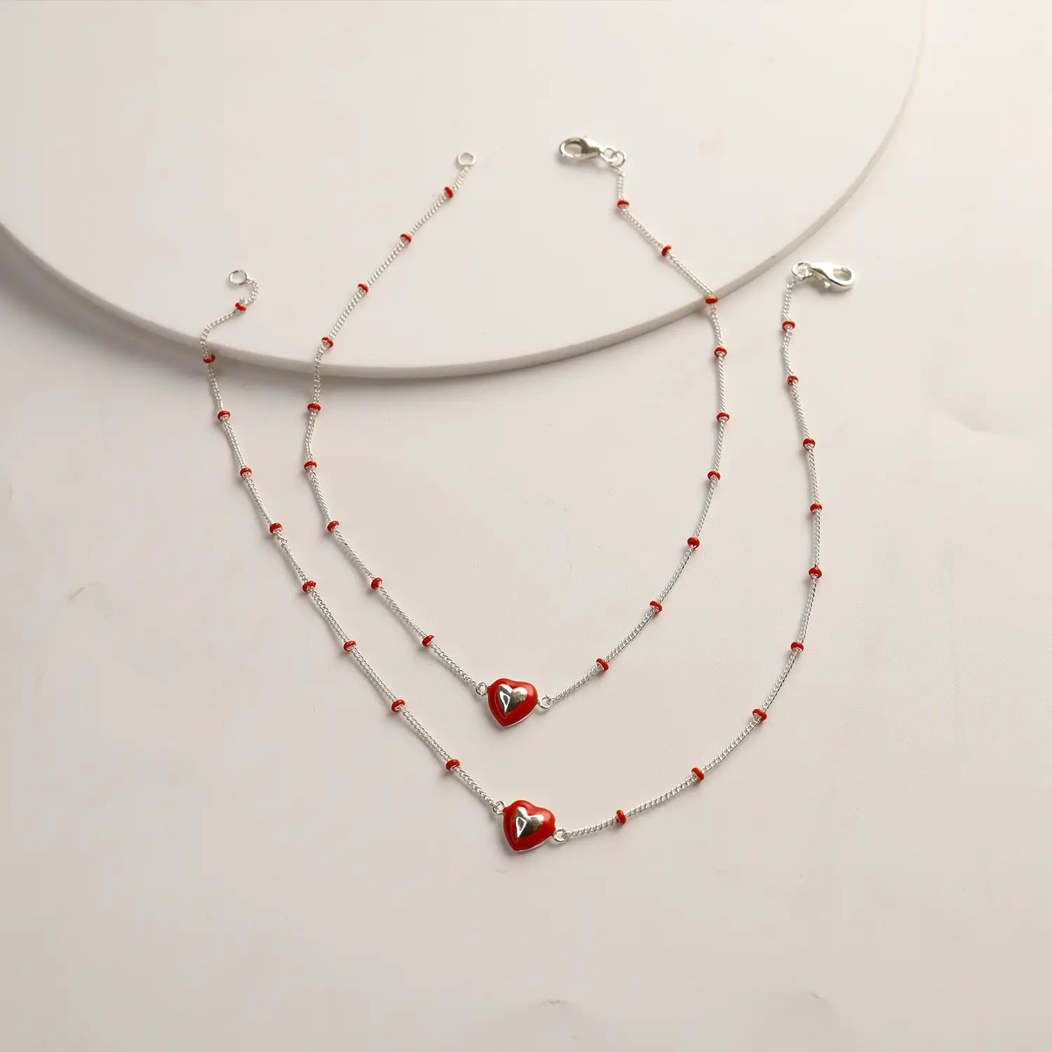 Red Heart Beaded Pure Silver Anklet- Made With Pure 925 Silver