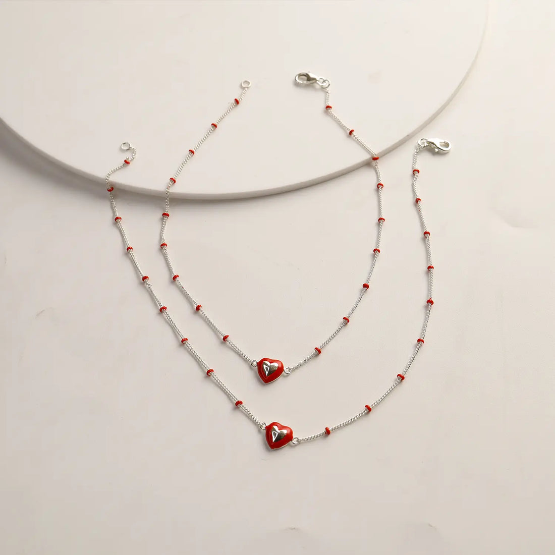 Red Heart Beaded Pure Silver Anklet- Made With Pure 925 Silver