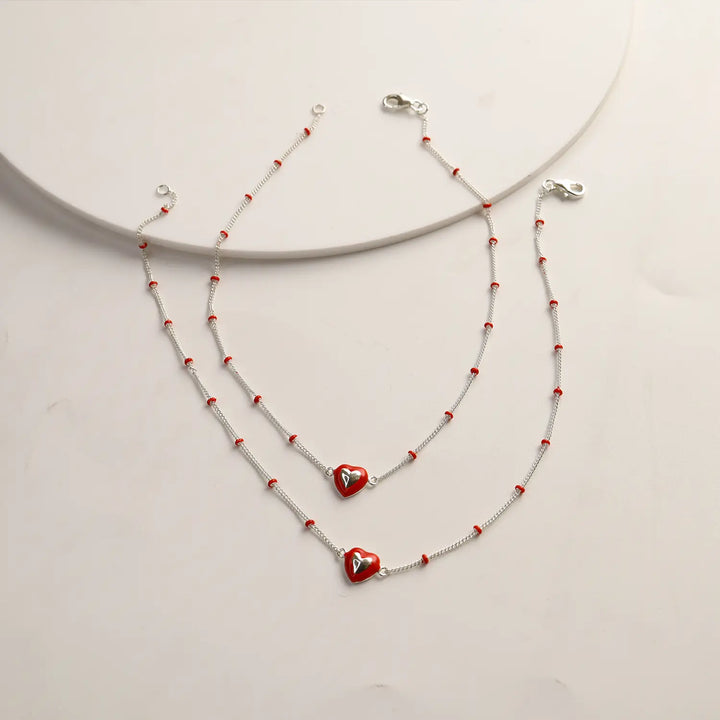 Red Heart Beaded Pure Silver Anklet- Made With Pure 925 Silver