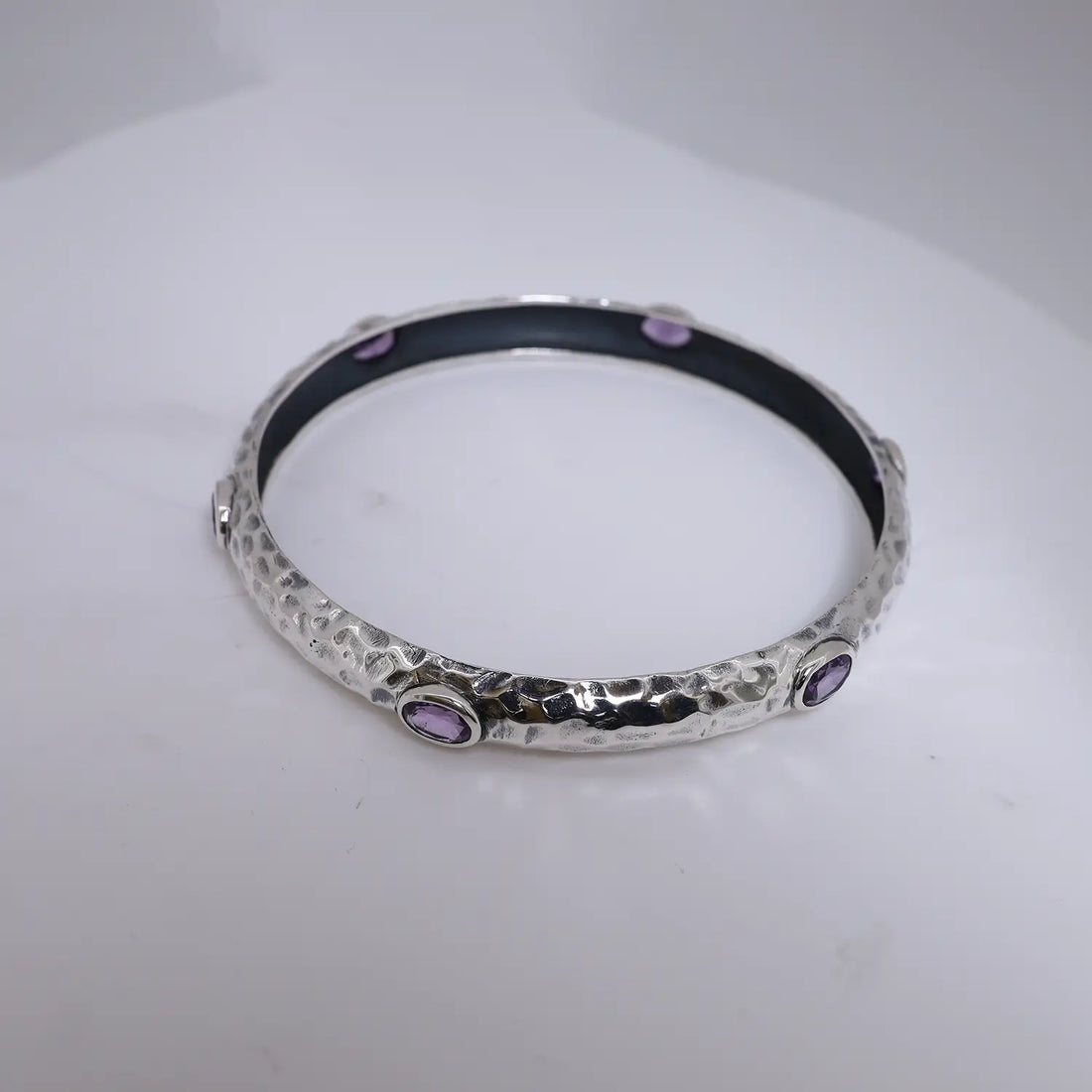 Textured Amethyst Studded Pure Silver Kada- Made With Pure 925 Silver