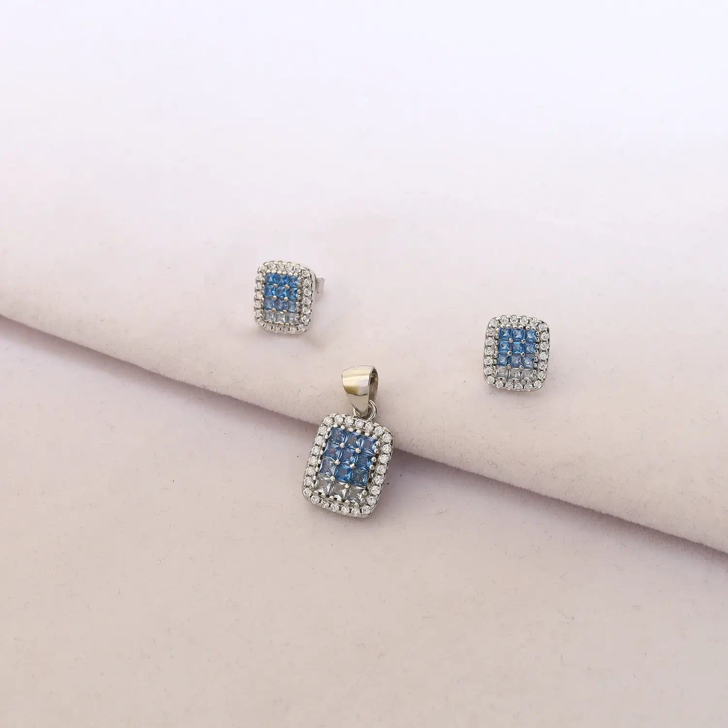 Elegant Pure Silver Blue CZ Square Pendant Set - Made With Pure 925 Silver