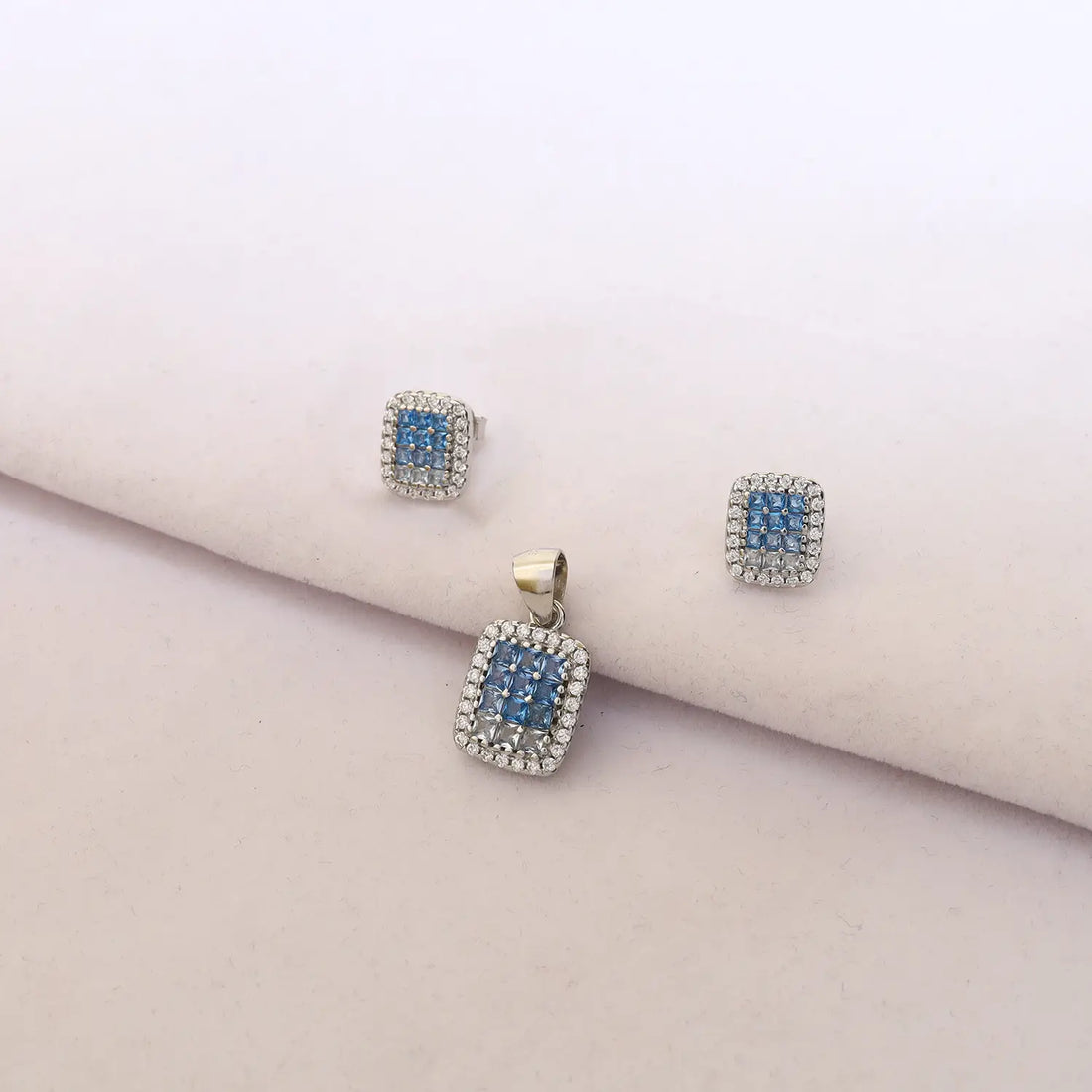 Elegant Pure Silver Blue CZ Square Pendant Set - Made With Pure 925 Silver