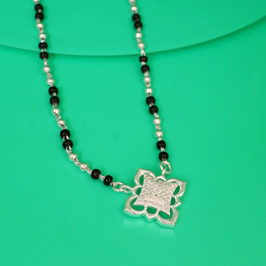 Elegant Geometric Floral Silver Mangalsutra - Made With Pure 925 Silver