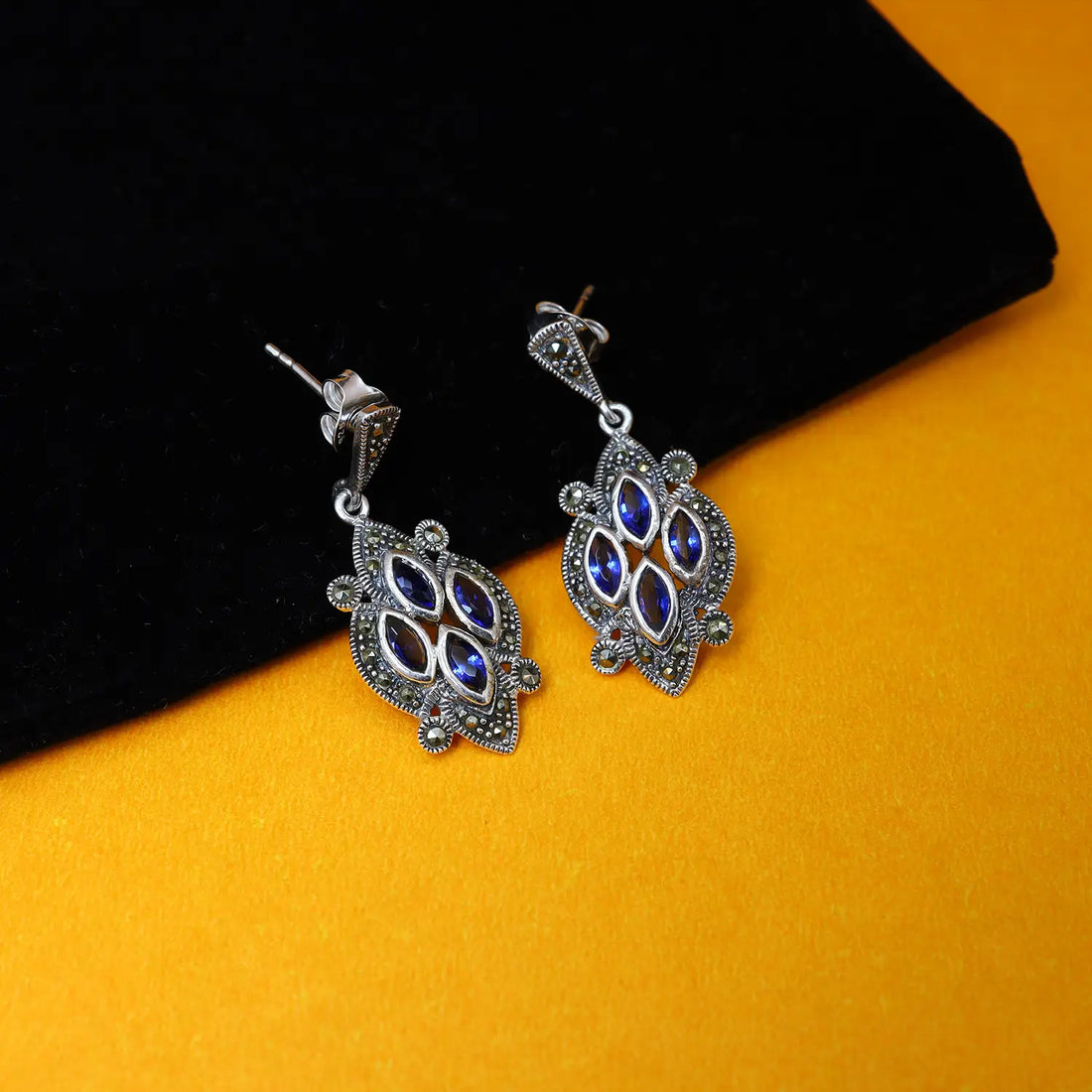Royal Blue Marquise Oxidized Silver Drop Earrings- Made With Pure 925 Silver