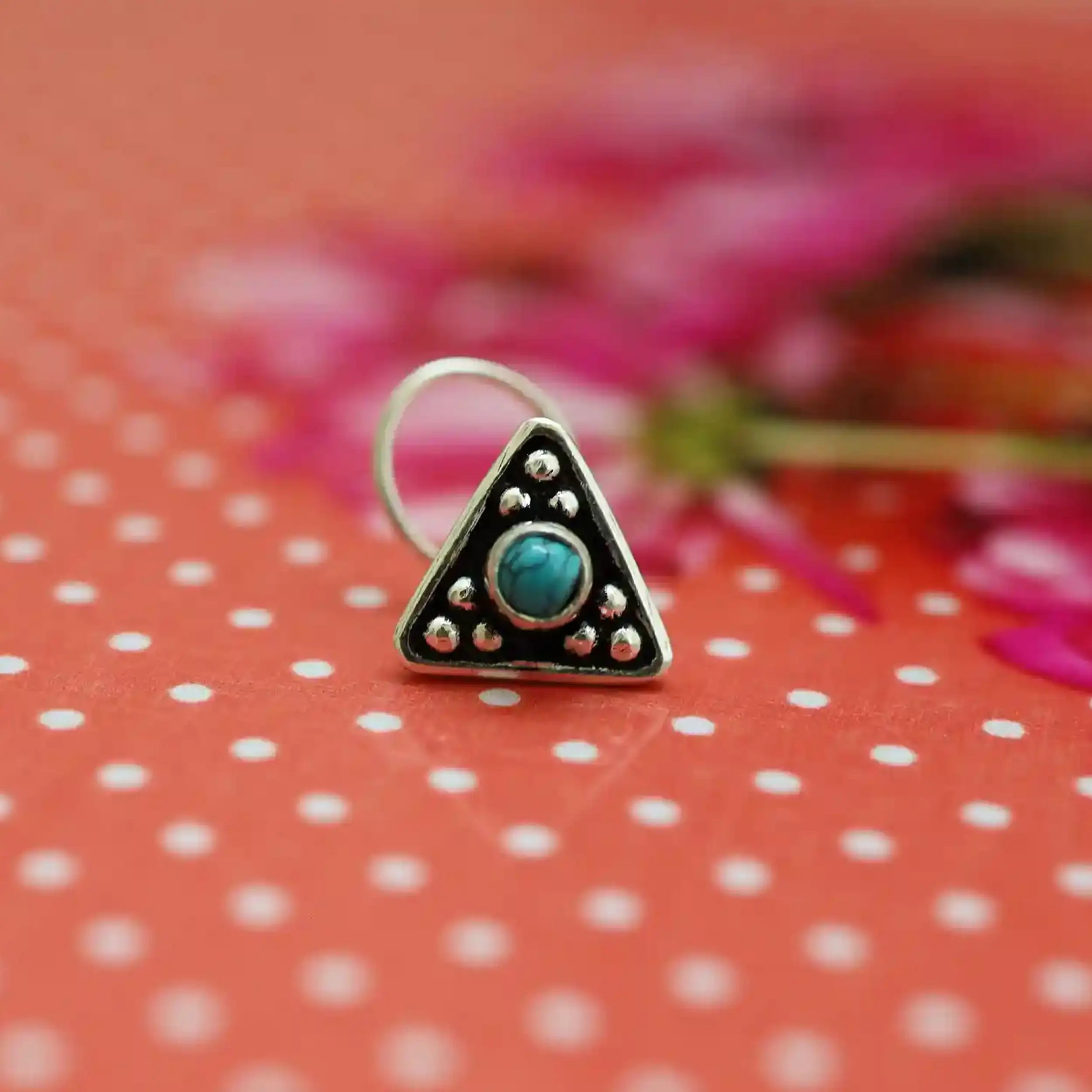 Tribal Triangle Pure Silver Nose Pin with Blue Accents- Made With Pure 925 Silver