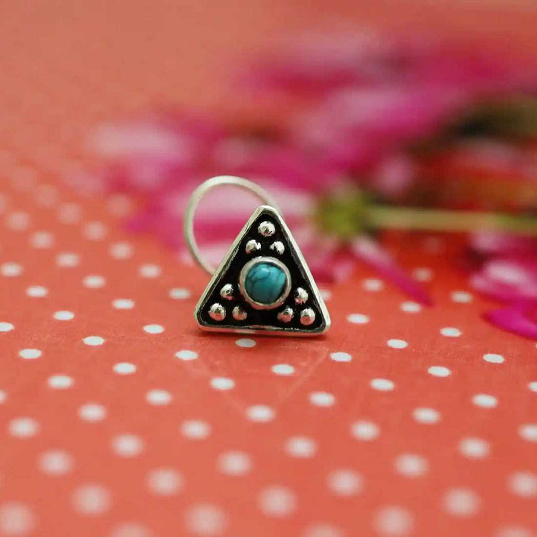 Tribal Triangle Pure Silver Nose Pin with Blue Accents- Made With Pure 925 Silver