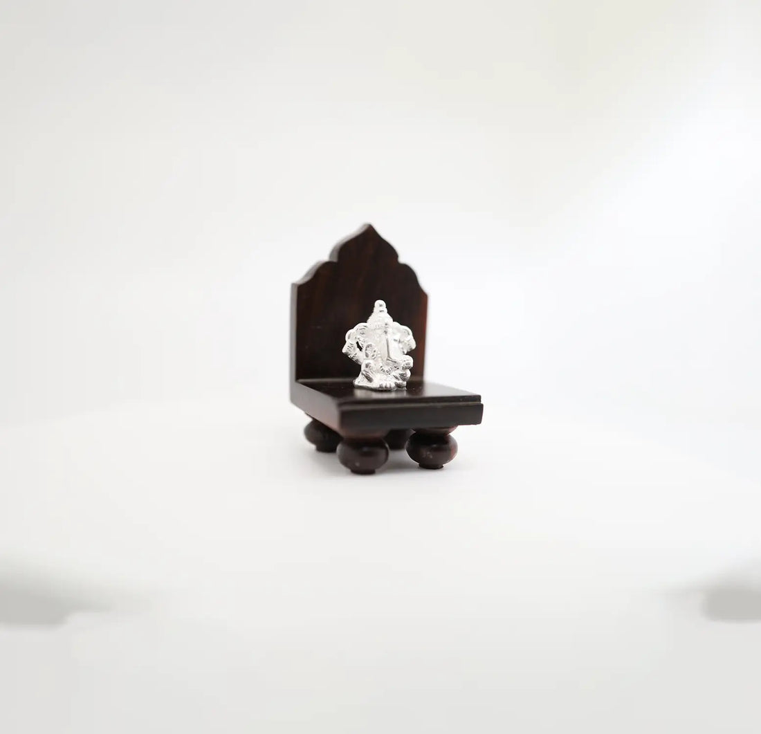 Pure Silver Lord Ganesha Idol with Wooden Singhasan- Made With Pure 925 Silver