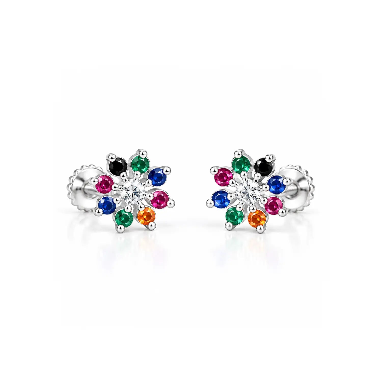 Multicolor Floral Gemstone Silver Stud Earrings - Made With Pure 925 Silver