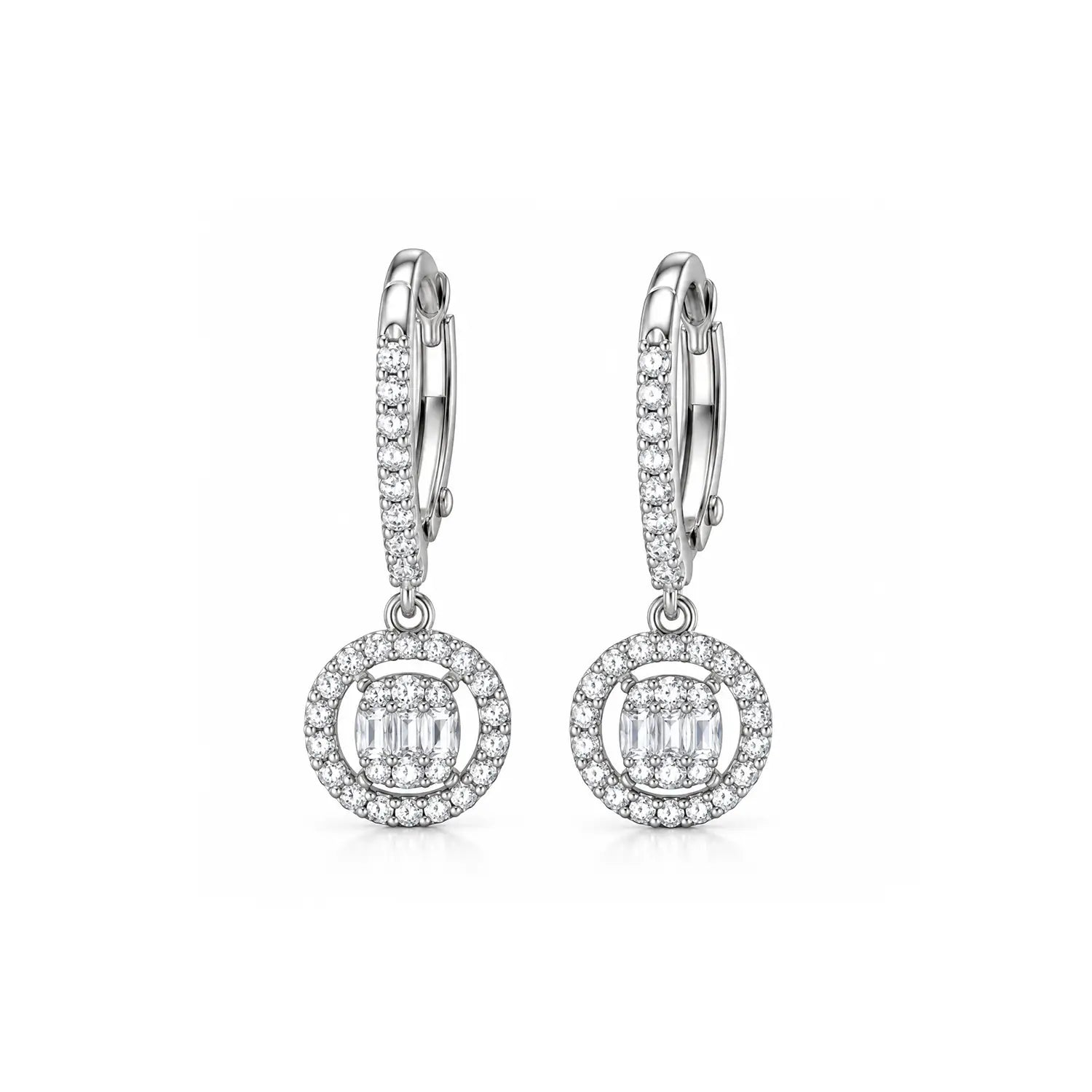 Elegant Circular Baguette Sparkle Silver Drop Earrings - Made With Pure 925 Silver