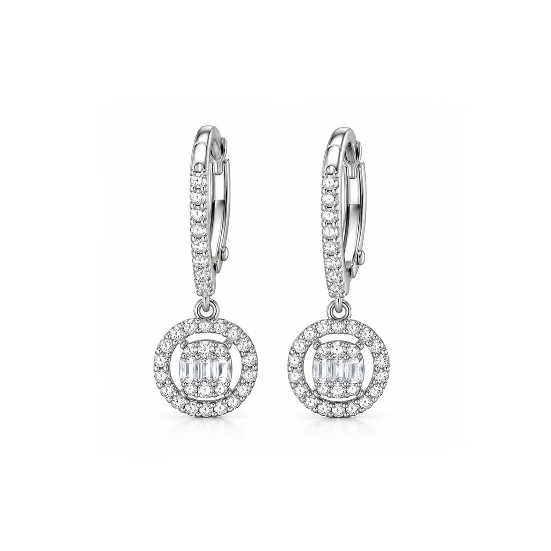 Elegant Circular Baguette Sparkle Silver Drop Earrings - Made With Pure 925 Silver