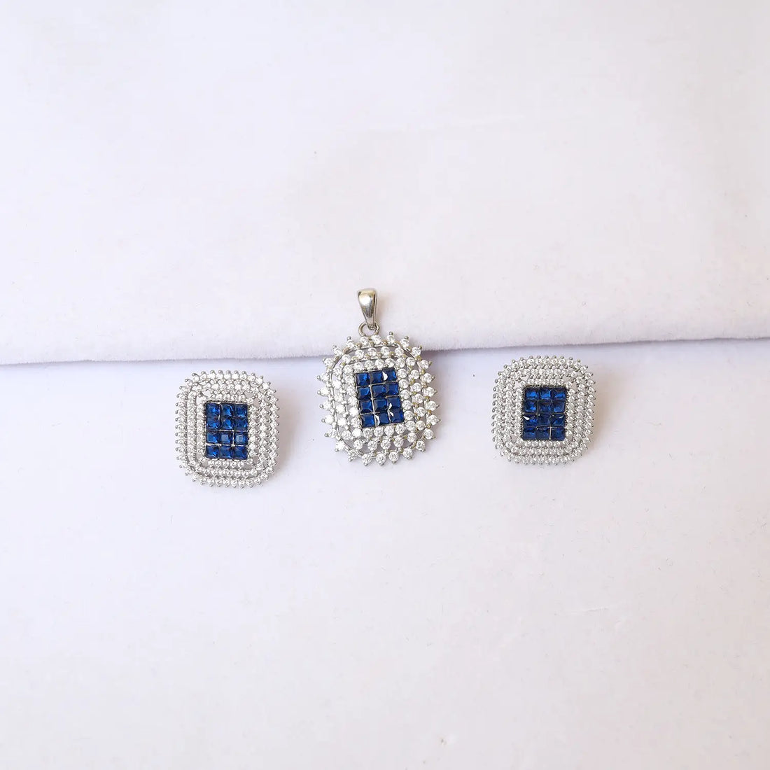 Luxury Pure Silver Blue CZ Square Pendant Set with Earrings - Made With Pure 925 Silver