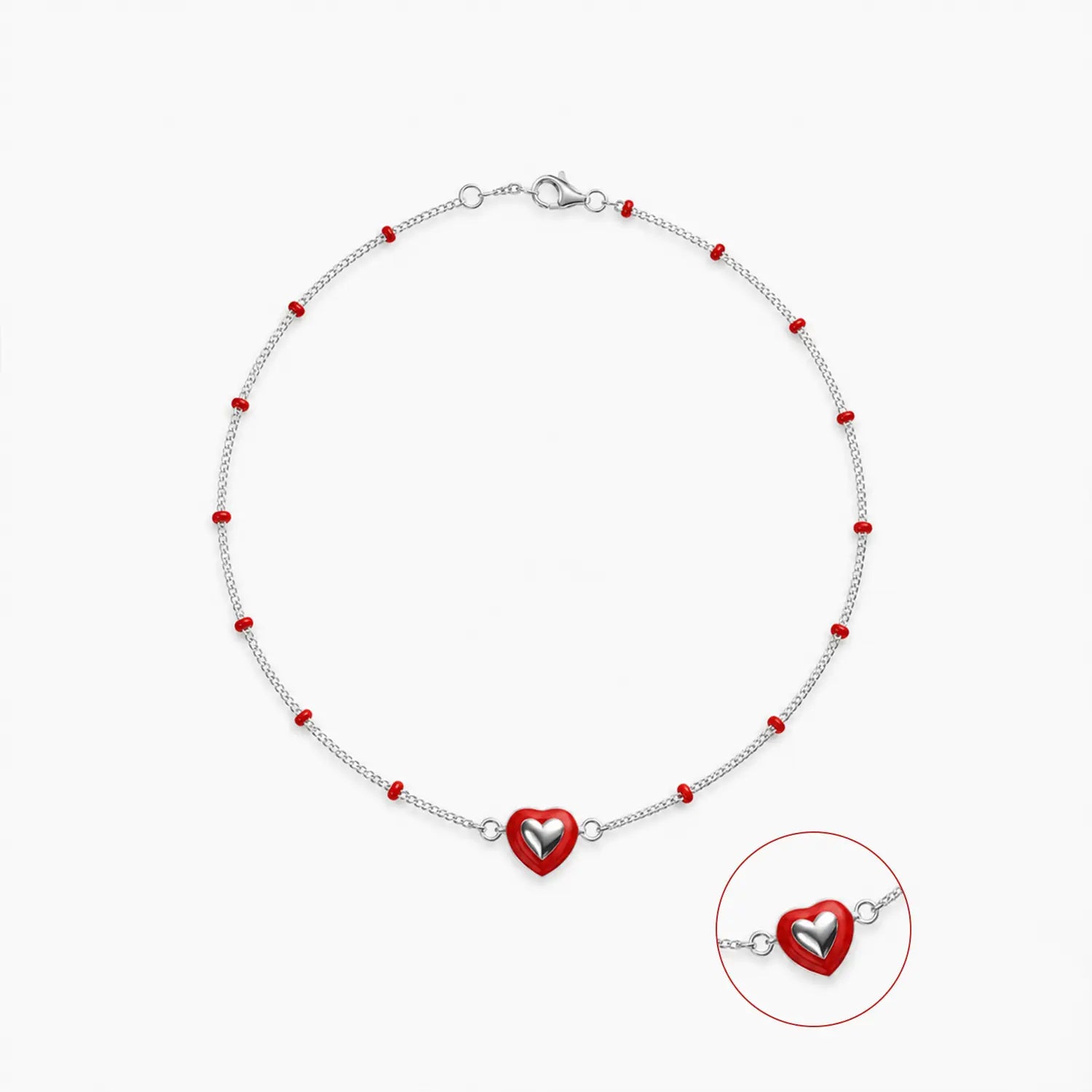 Red Heart Beaded Pure Silver Anklet- Made With Pure 925 Silver