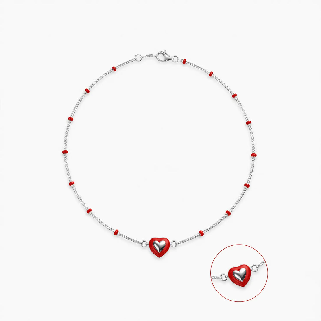 Red Heart Beaded Pure Silver Anklet- Made With Pure 925 Silver