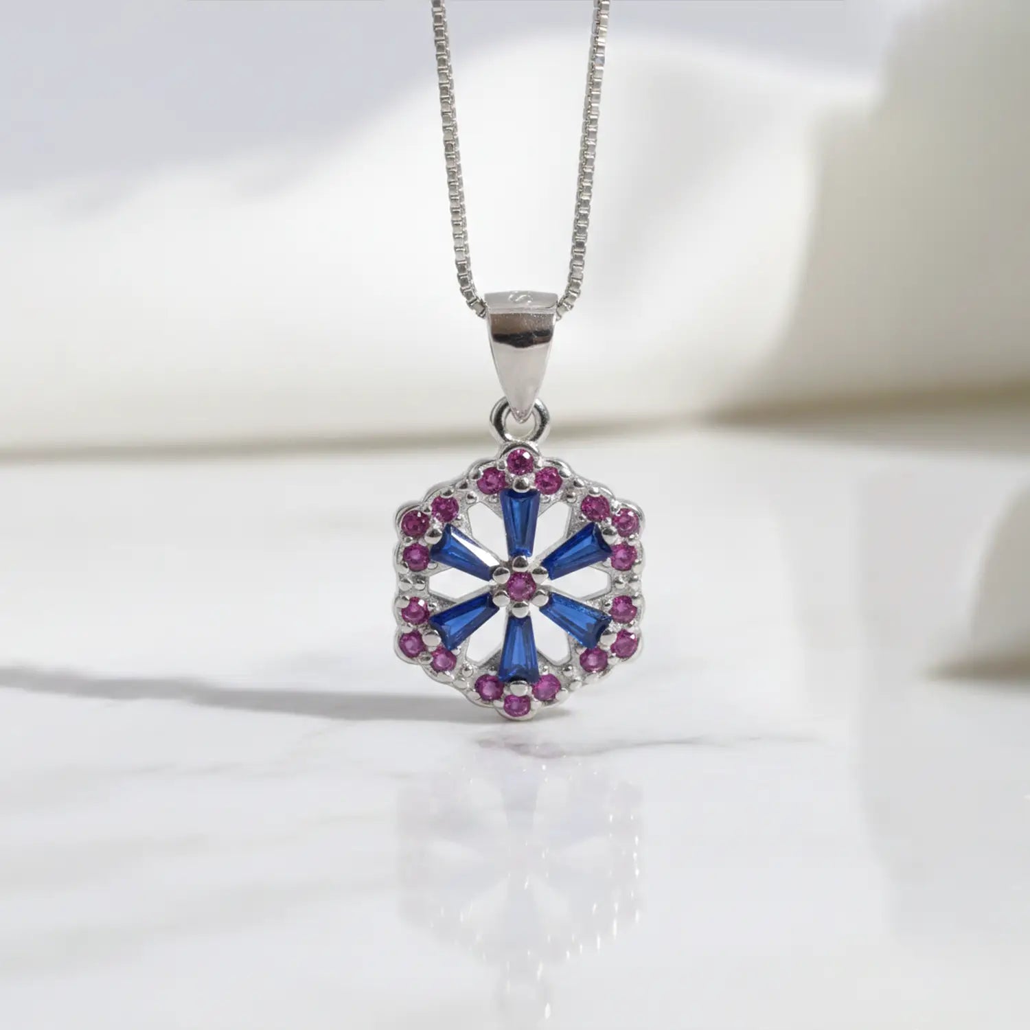 Floral Hexagon Silver Pendant with Green & Pink Stones Made With Pure 925 Silver