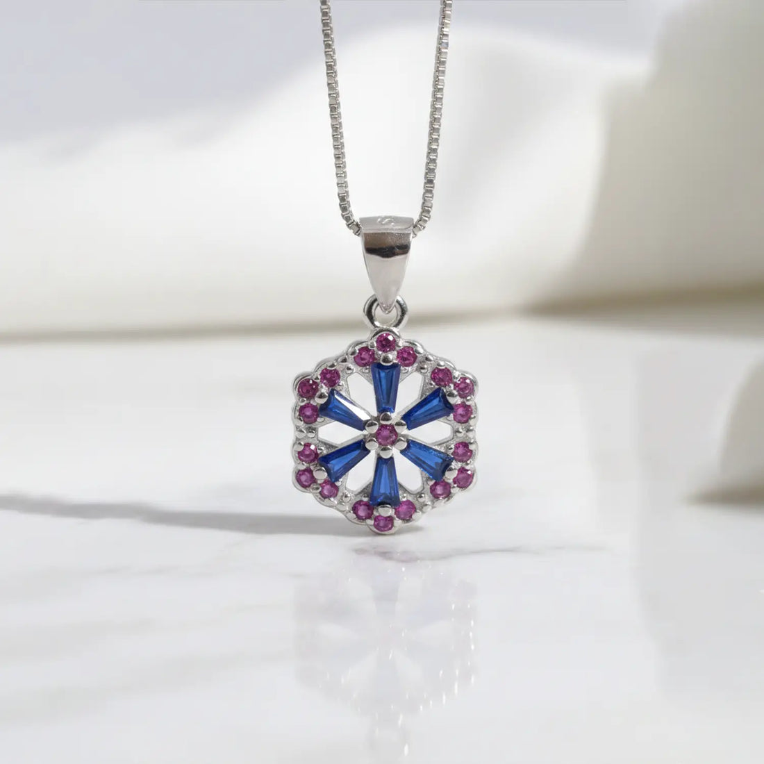 Floral Hexagon Silver Pendant with Green & Pink Stones Made With Pure 925 Silver
