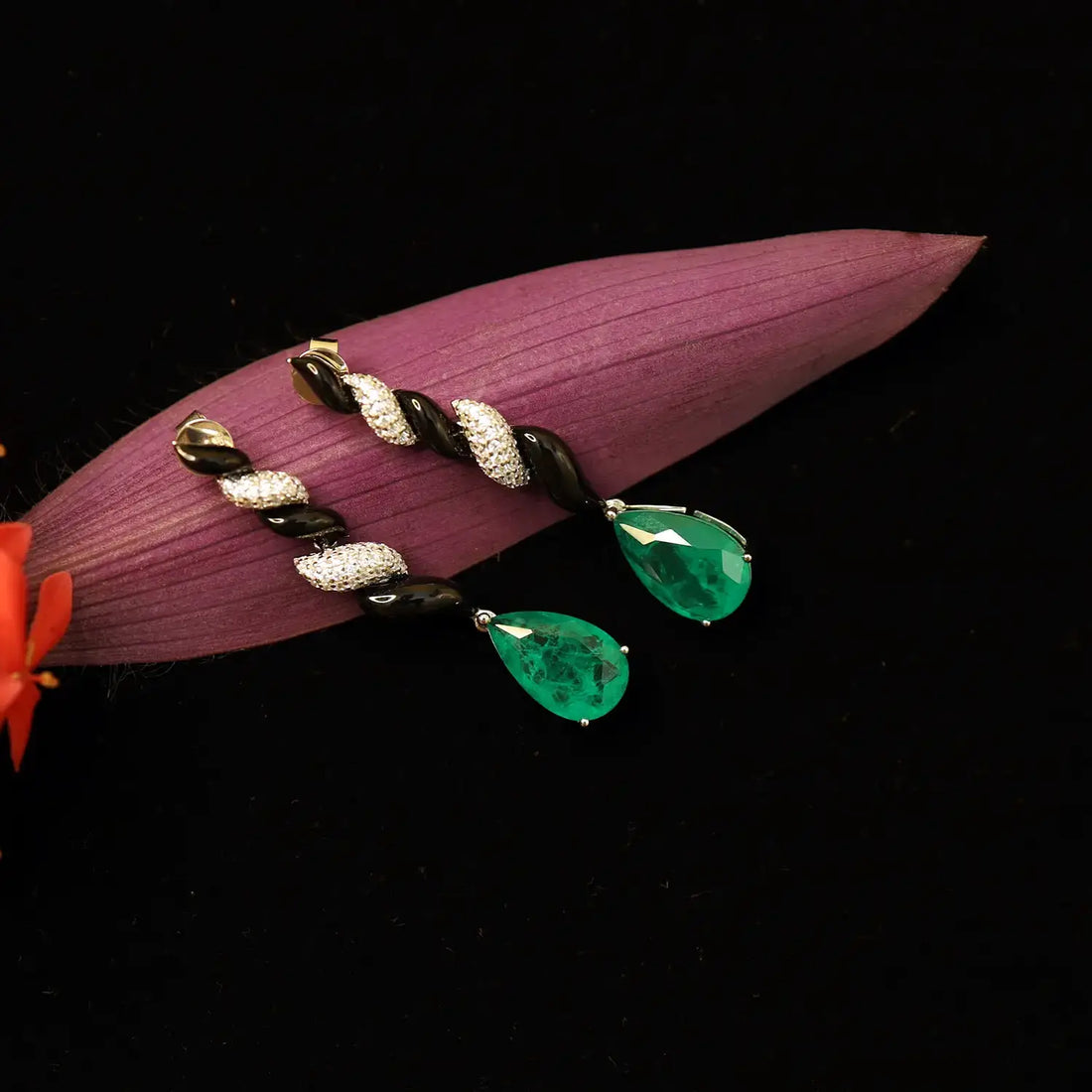 Emerald Green & Black Enamel Silver Drop Earrings- Made With Pure 925 Silver