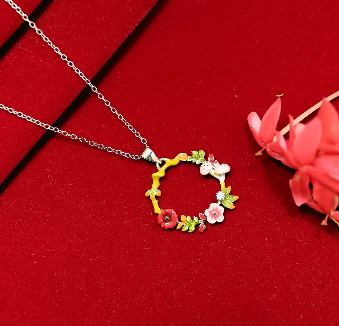 Enamel Ladybug Floral Wreath Silver Necklace- Made With Pure 925 Silver