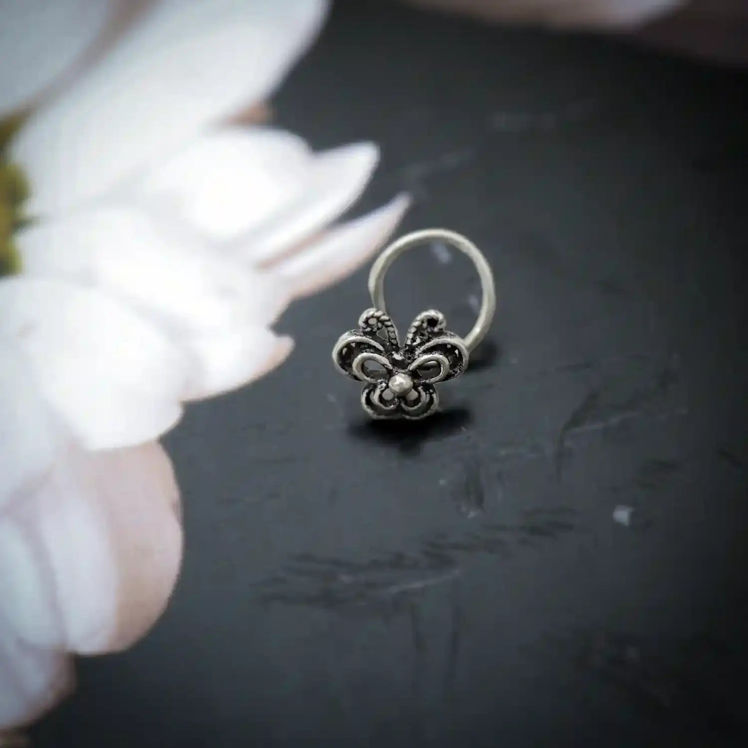 Oxidised Silver Tribal Bloom Nose Pin- Made With Pure 925 Silver