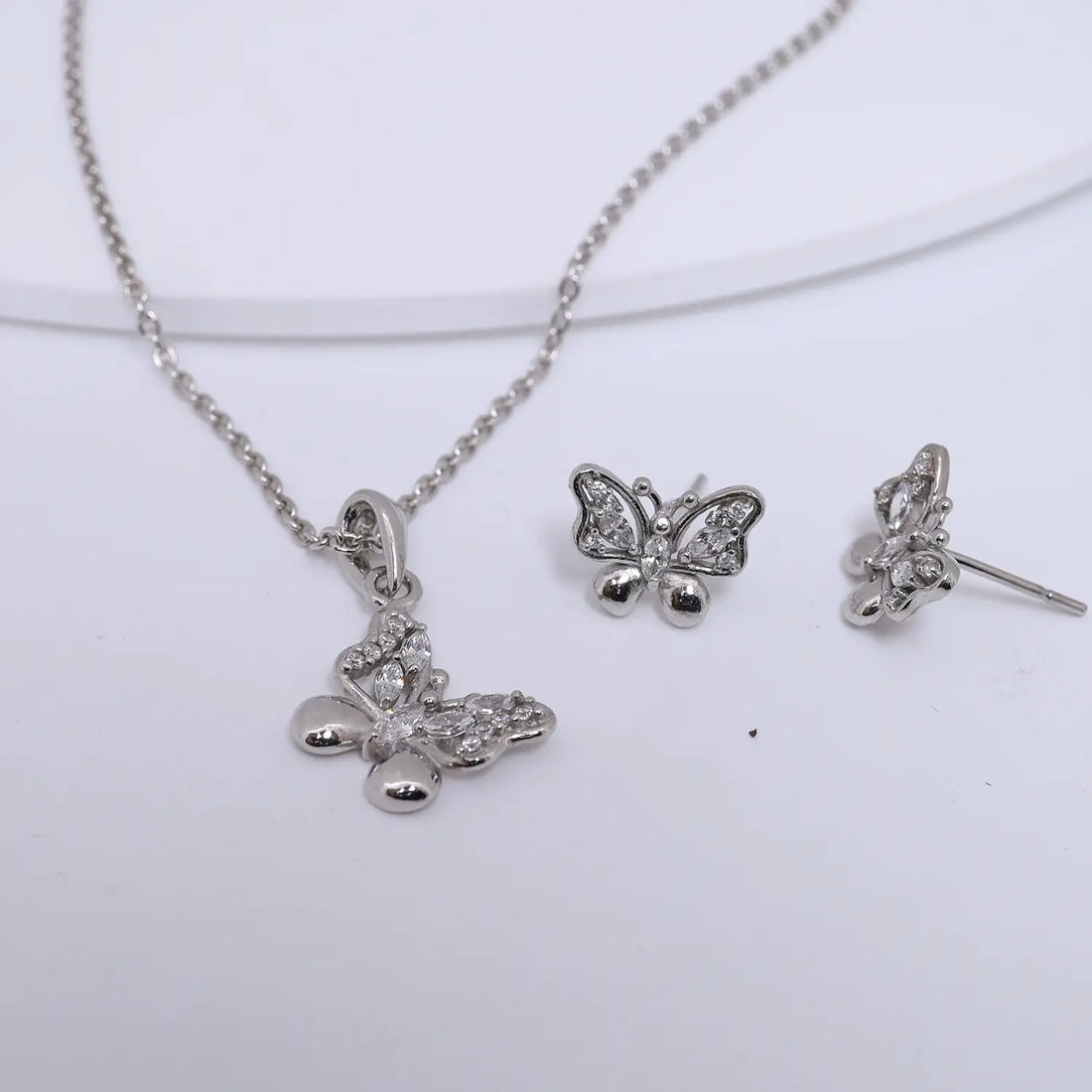 Elegant Pure Silver Butterfly CZ Pendant Set with Earrings - Made With Pure 925 Silver