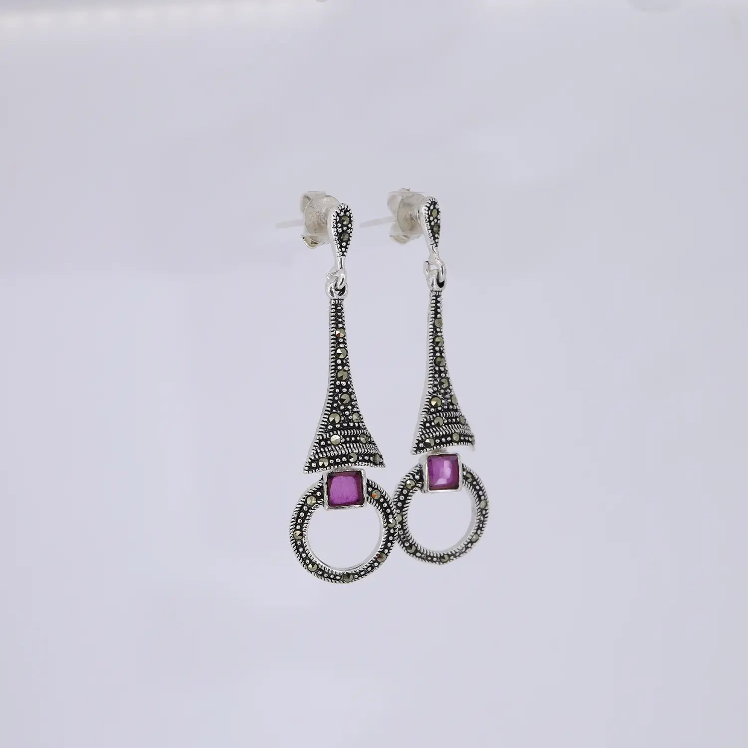Noor Red Stone Oxidized Silver Drop Earrings- Made With Pure 925 Silver