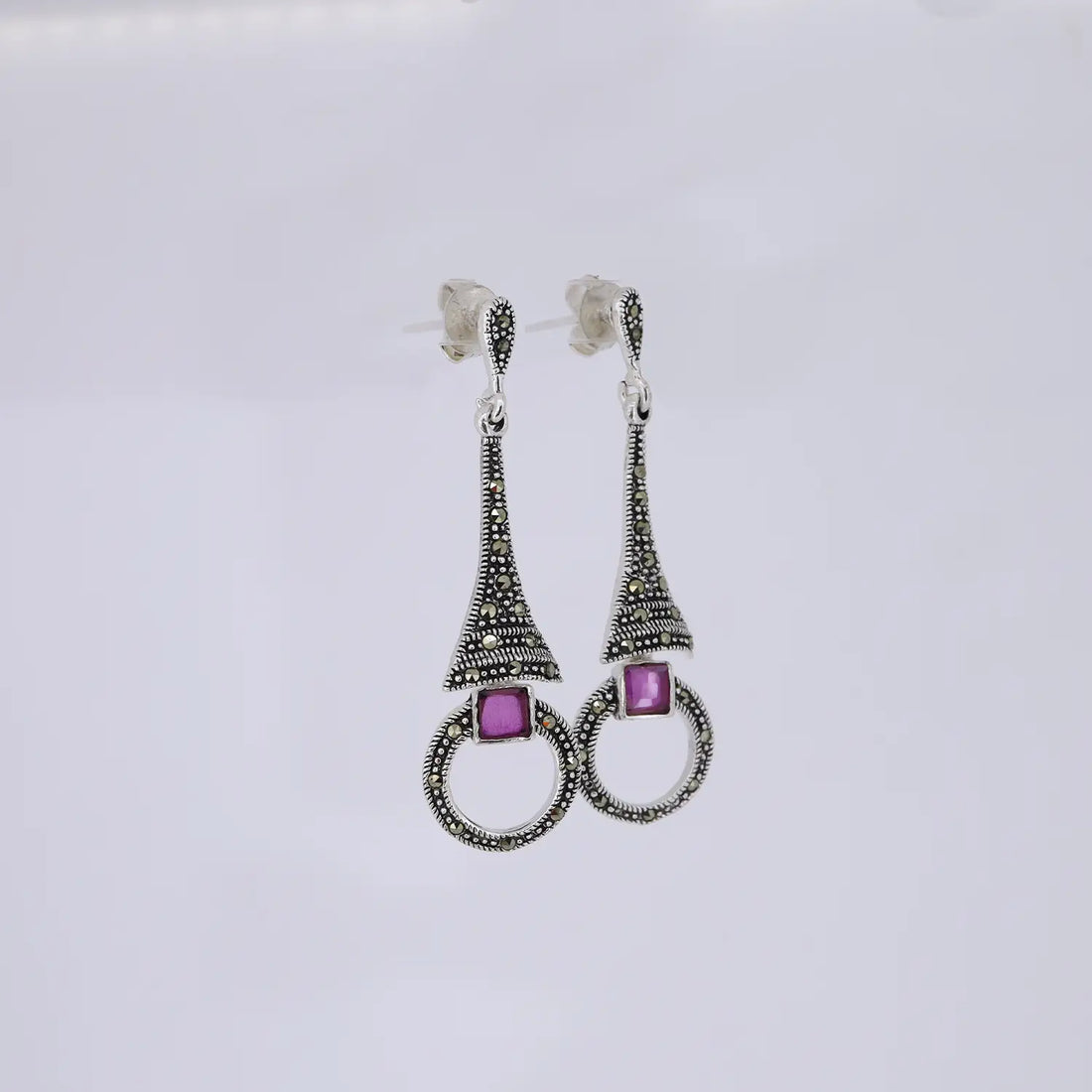 Noor Red Stone Oxidized Silver Drop Earrings- Made With Pure 925 Silver