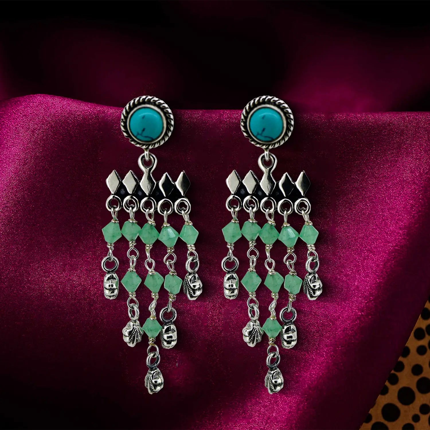 Silver Dangler Earrings with Turquoise & Green Beads- Made With Pure 925 Silver