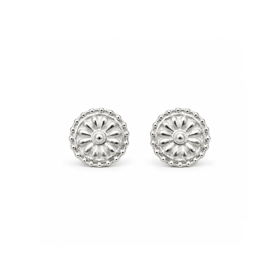 Floral Beaded Border Silver Stud Earrings - Made With Pure 925 Silver