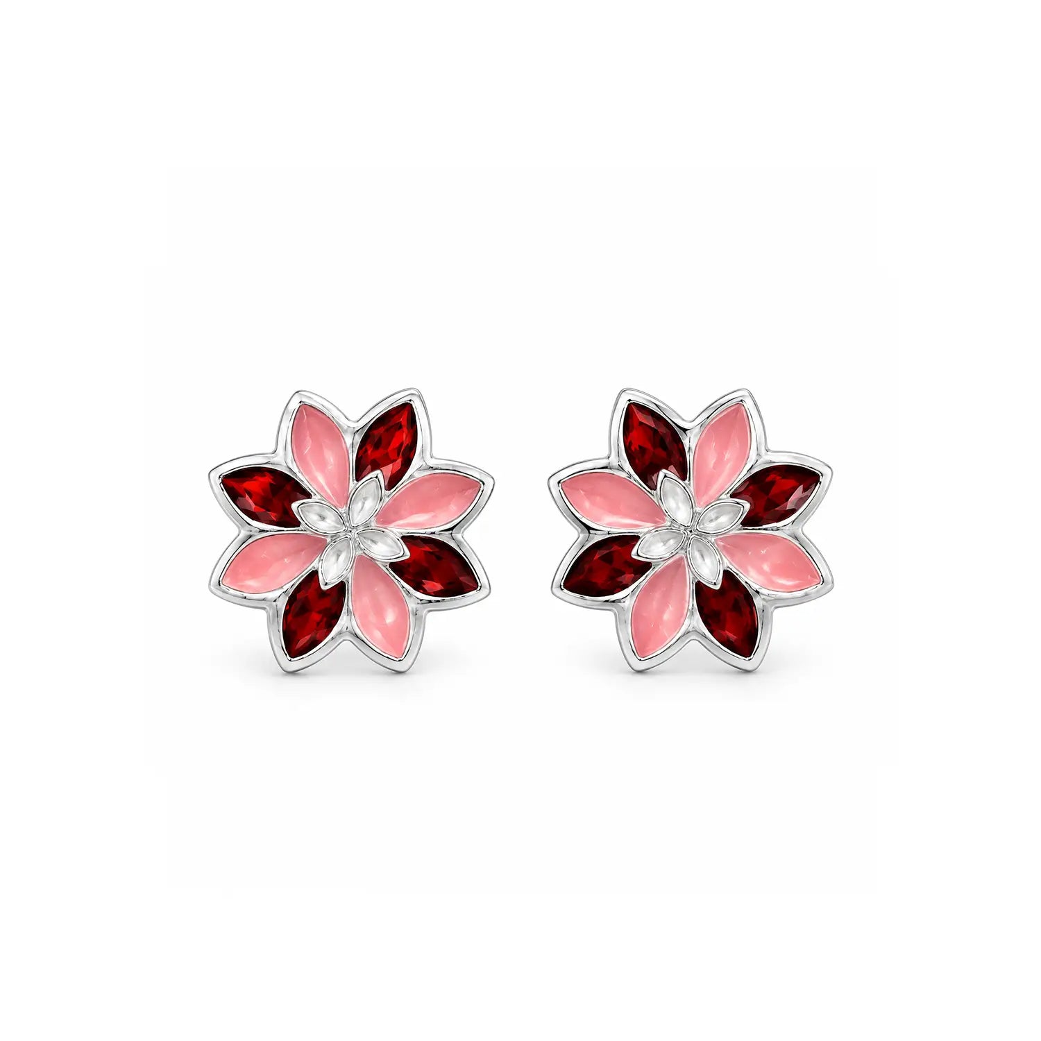 Pink Floral Gemstone Silver Stud Earrings - Made With Pure 925 Silver