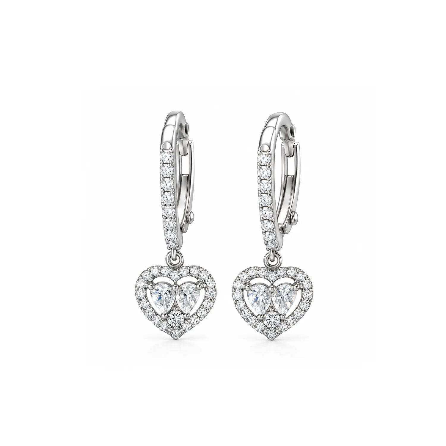 Elegant Double Heart Sparkle Silver Drop Earrings - Made With Pure 925 Silver
