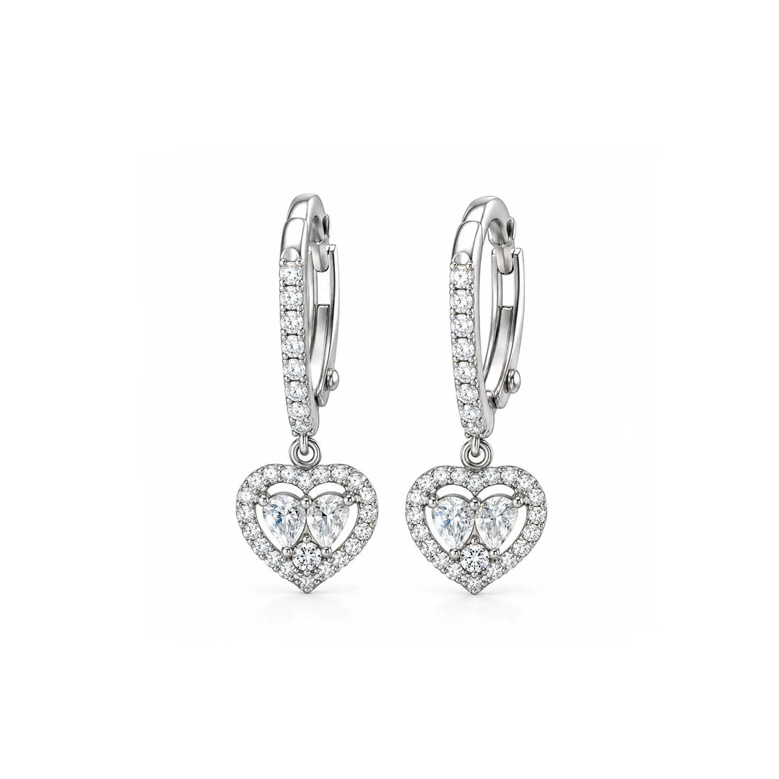 Elegant Double Heart Sparkle Silver Drop Earrings - Made With Pure 925 Silver