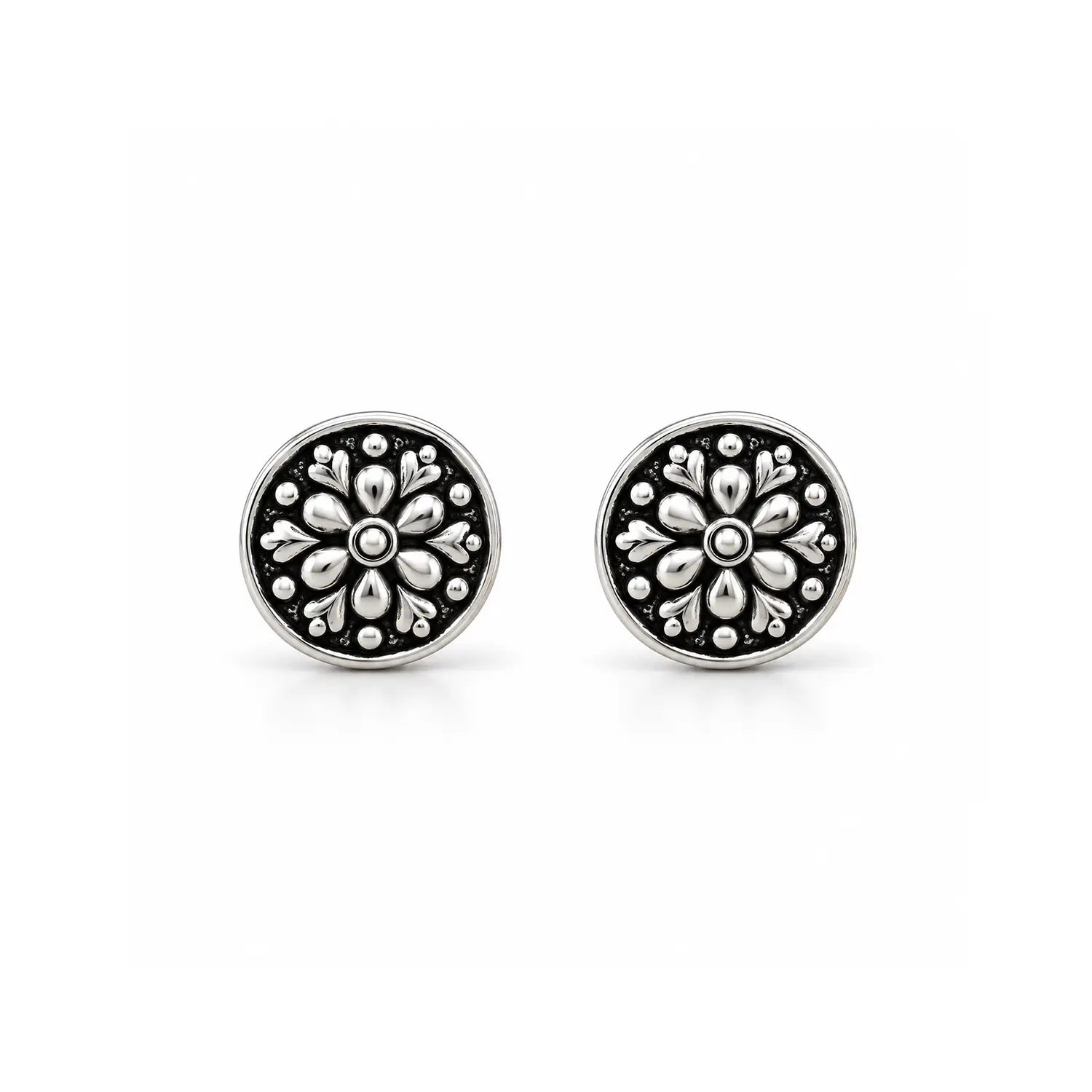 Floral Charm Oxidised Silver Stud Earrings - Made With Pure 925 Silver